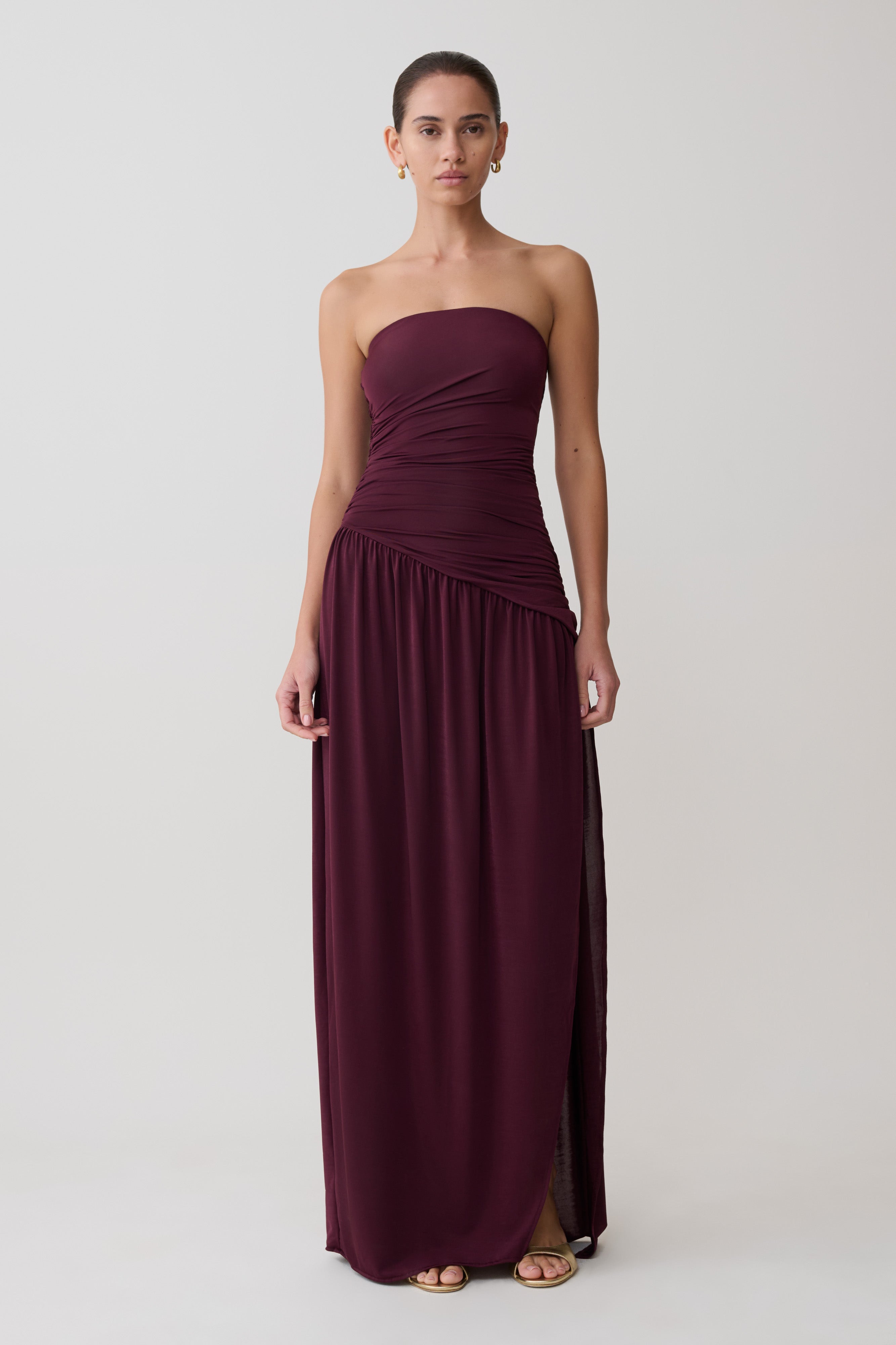 Bex Strapless Slinky Maxi Dress With Split - Burgundy - Image 4