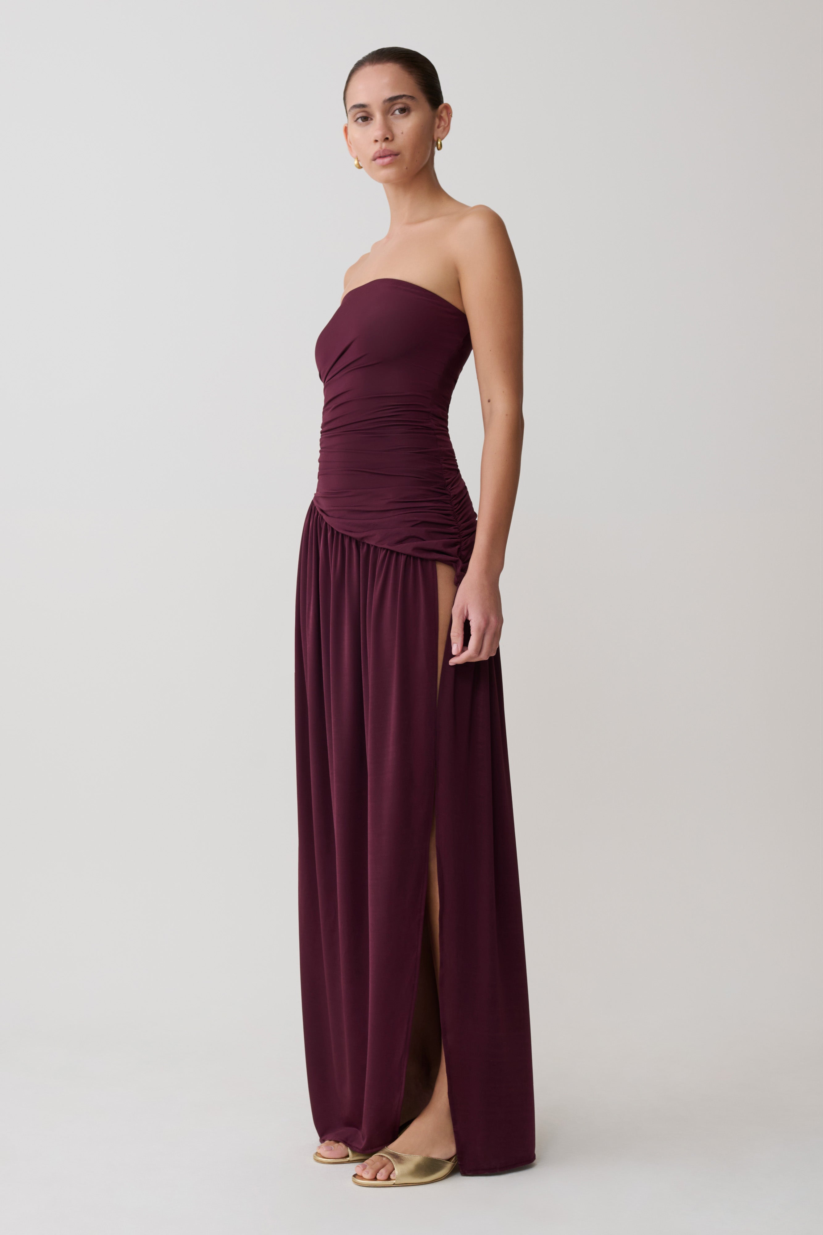 Bex Strapless Slinky Maxi Dress With Split - Burgundy - Image 3