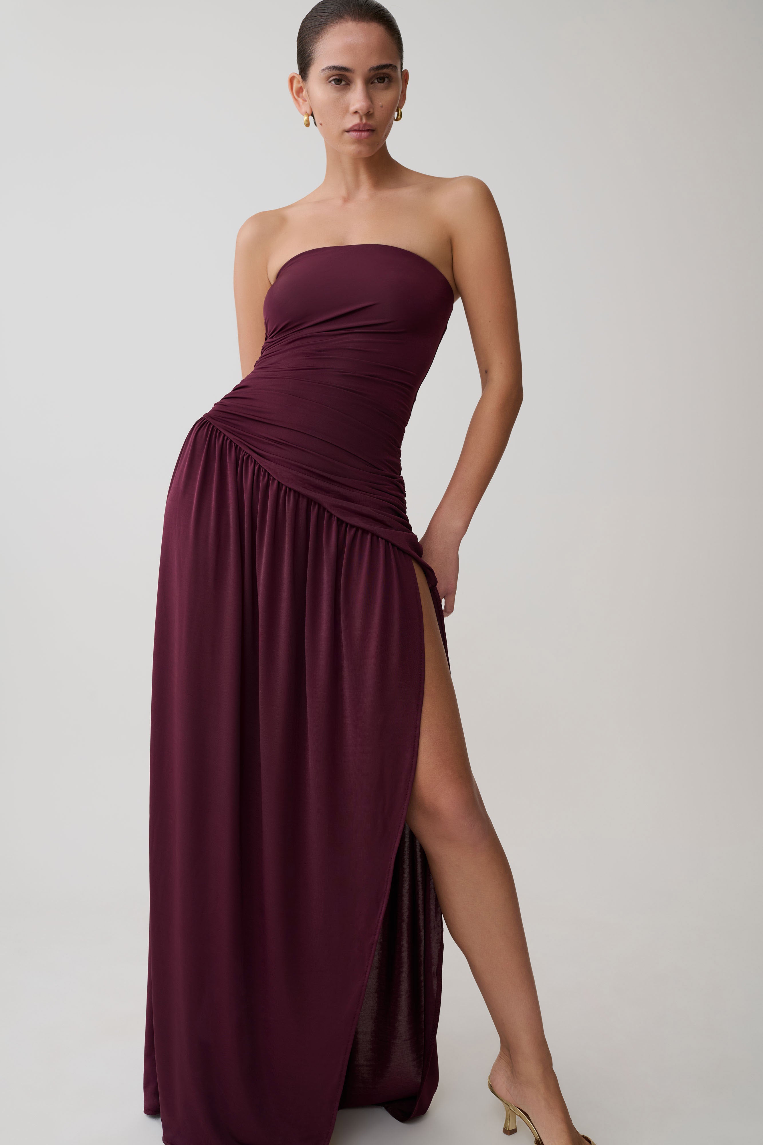 Bex Strapless Slinky Maxi Dress With Split - Burgundy - Image 5