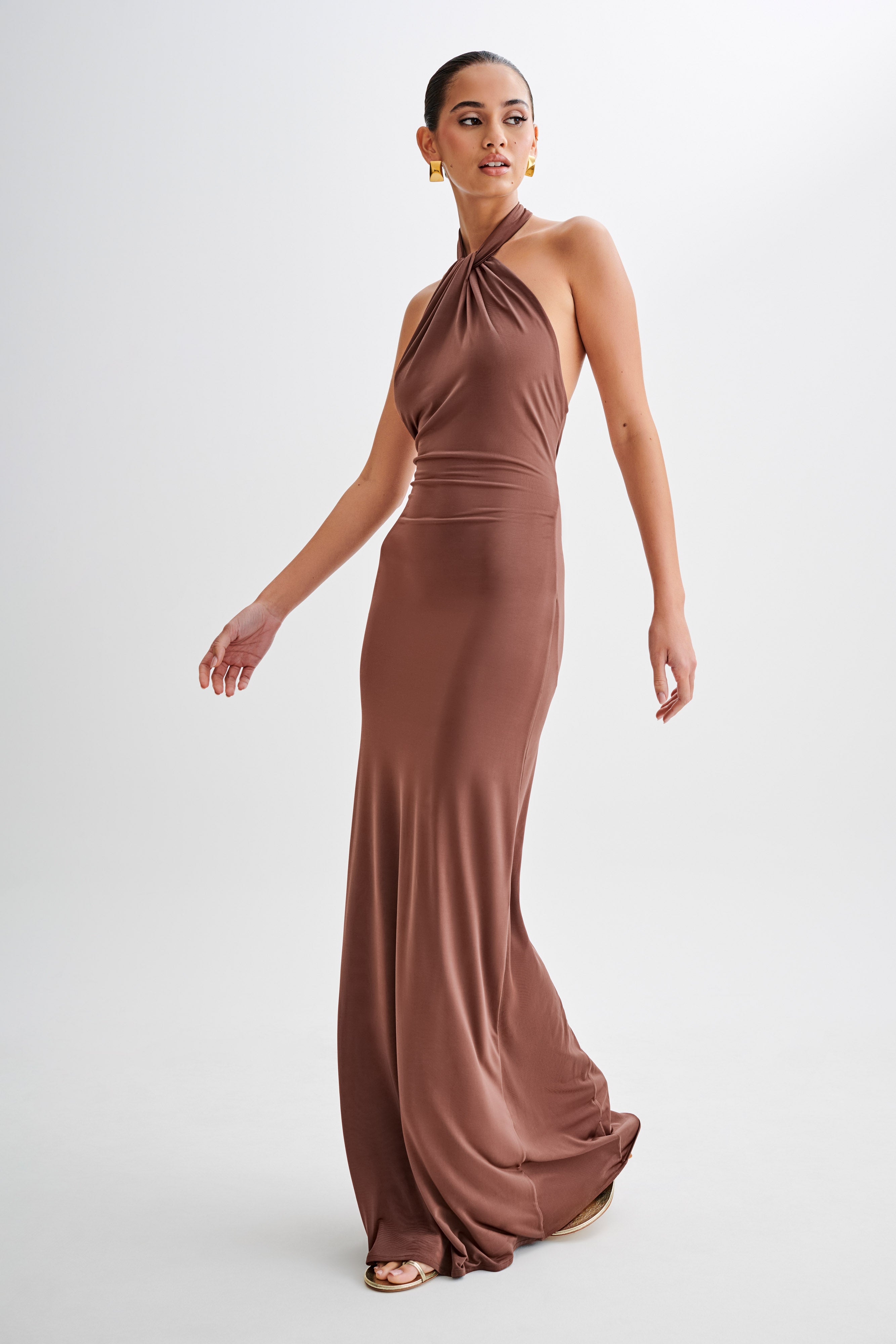 Elyna Slinky Halter Maxi Dress - Chocolate - Image 4