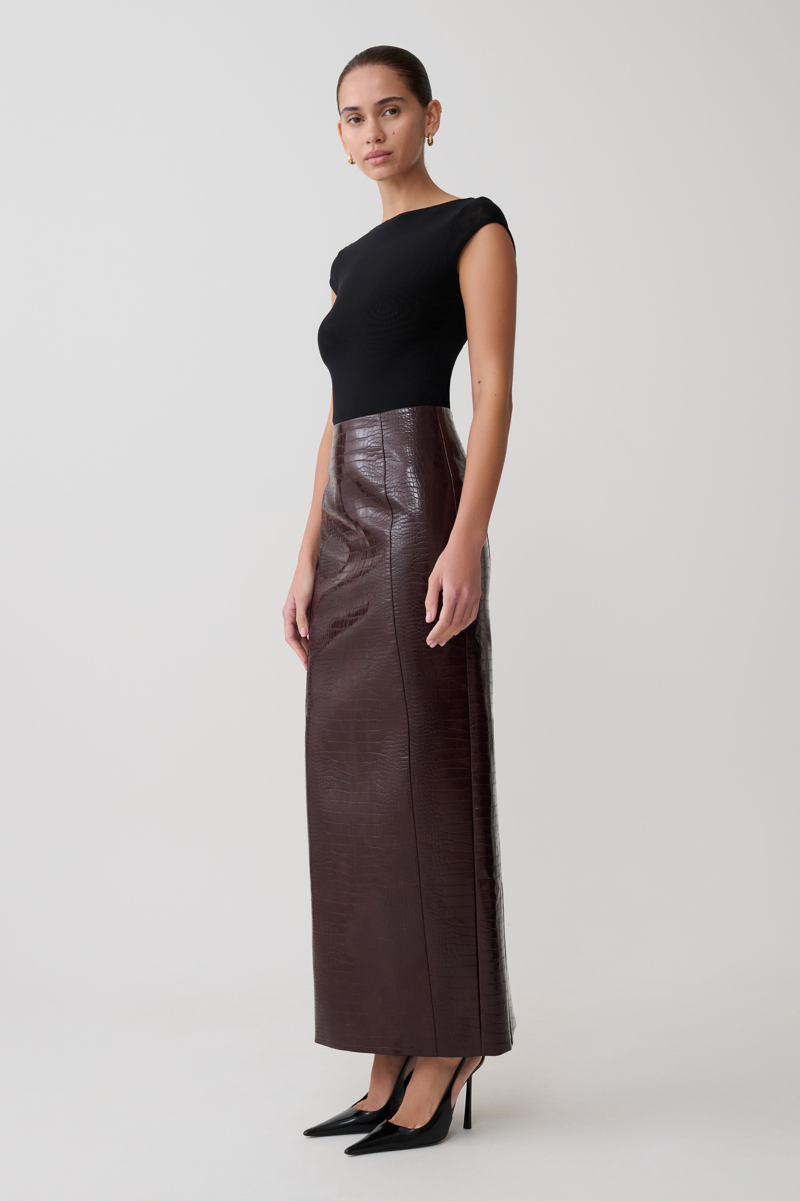 Thalia Croc Faux Leather Midi Skirt - Merlot - Image 7