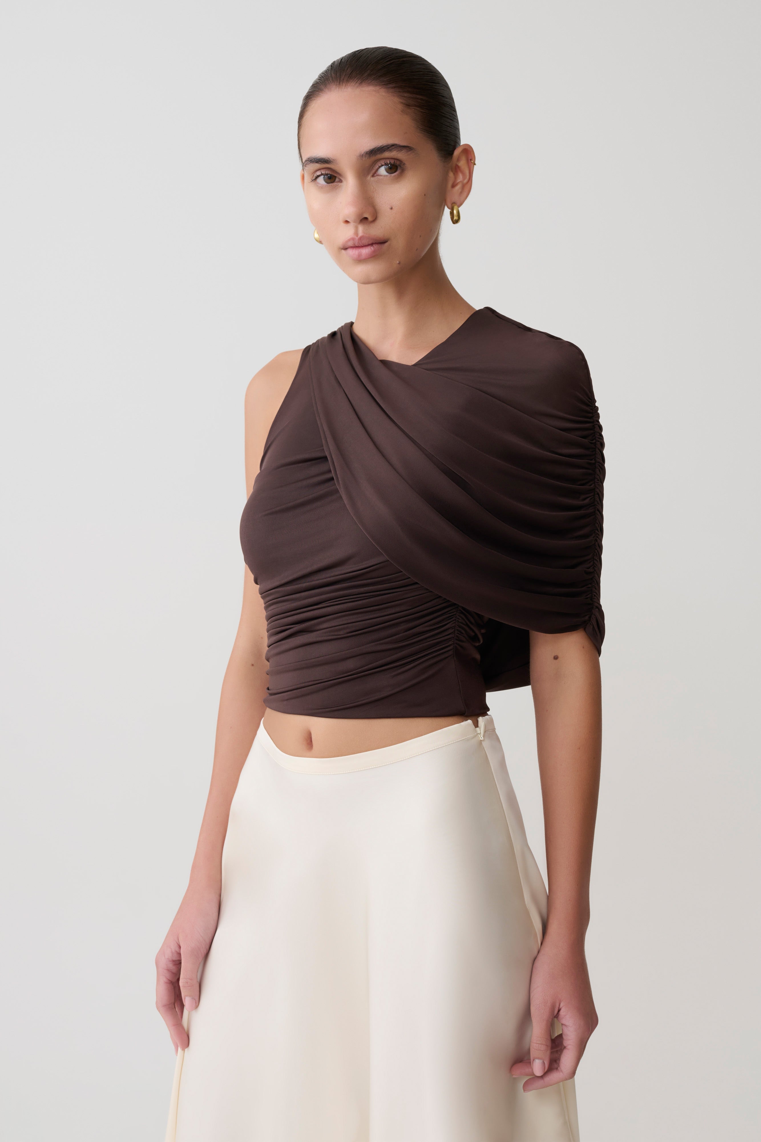 Adrienne One Shoulder Slinky Top - Chocolate - Image 3