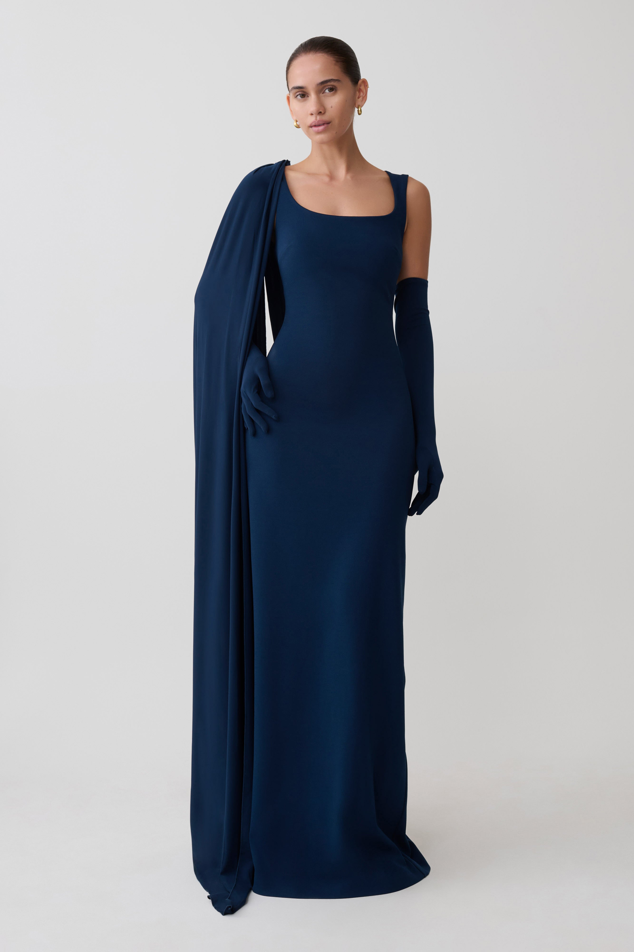 Rhea Detachable Cape Jersey Maxi Dress - Navy - Image 8