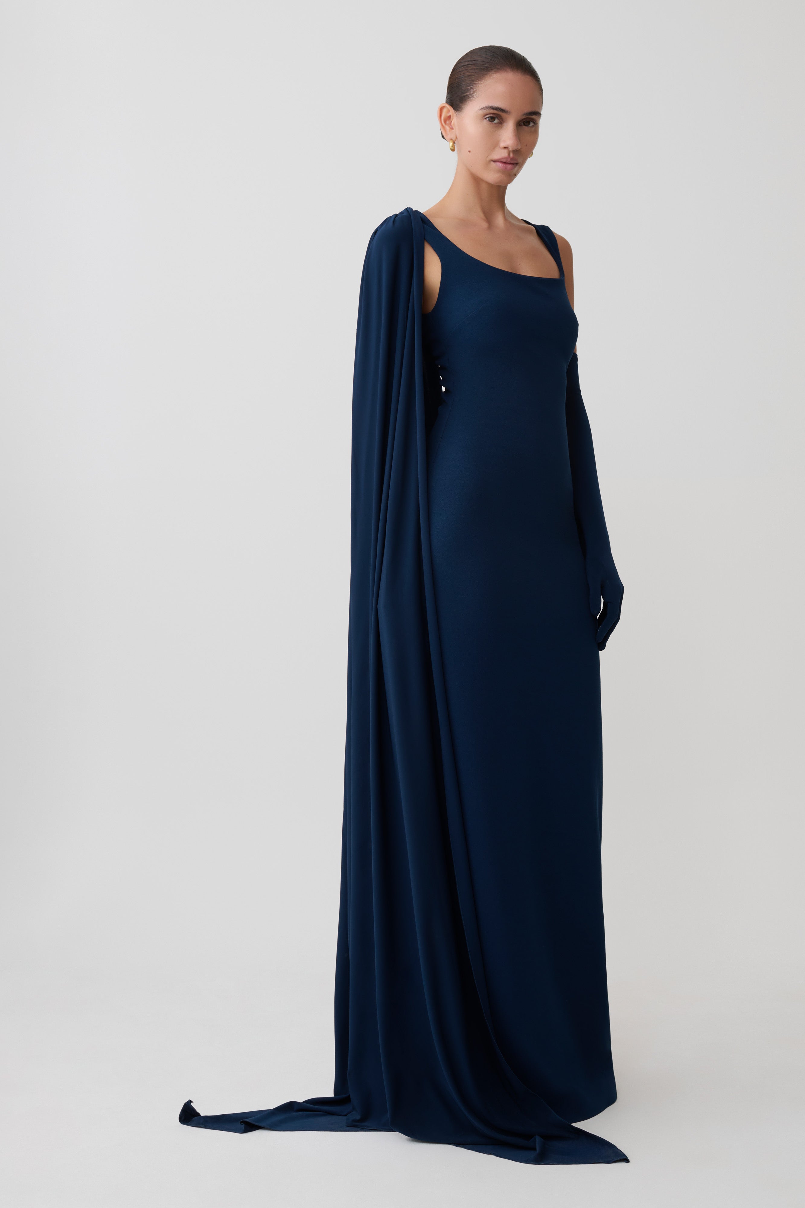 Rhea Detachable Cape Jersey Maxi Dress - Navy - Image 3