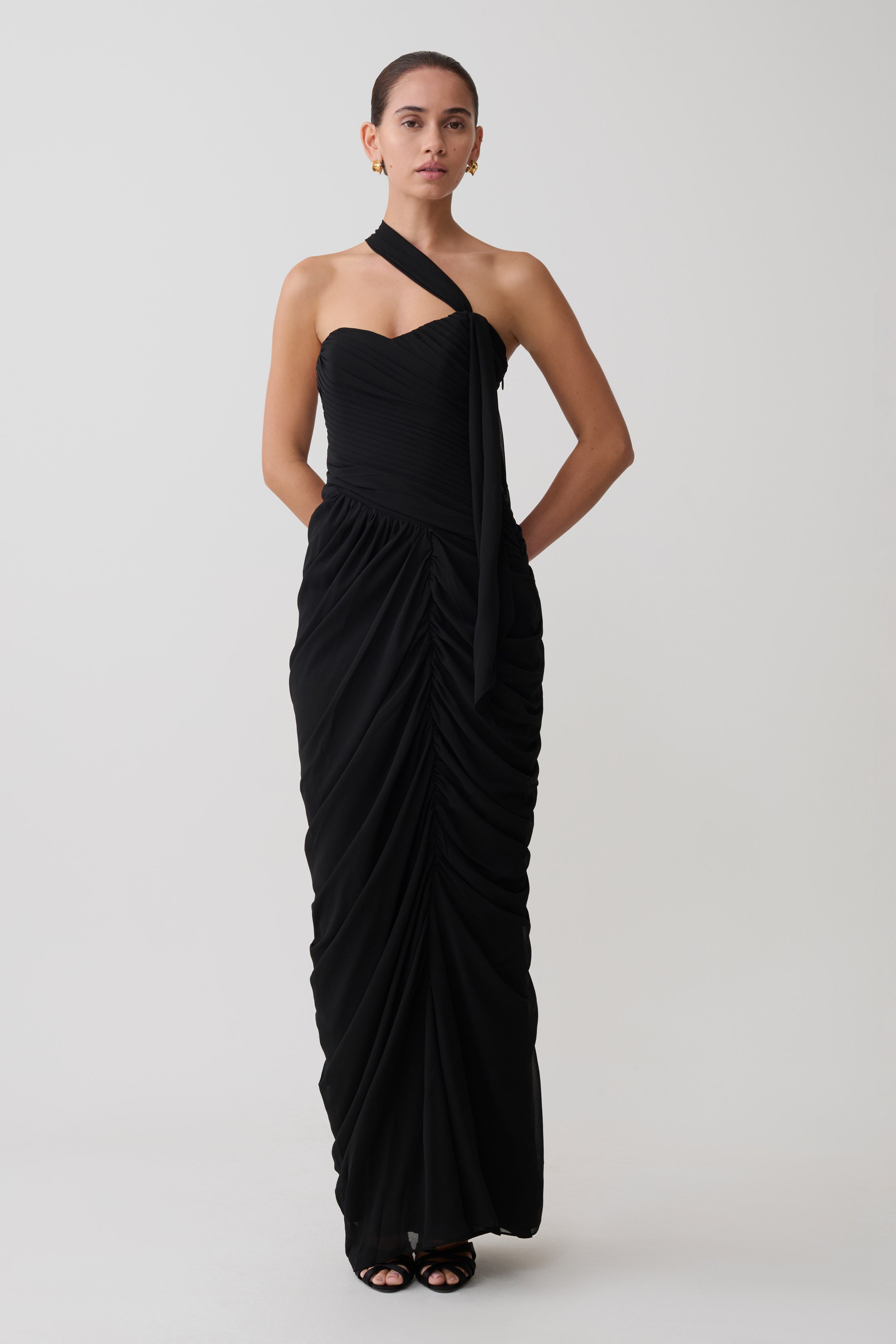Micaela Chiffon Gathered Maxi Dress - Black - Image 3