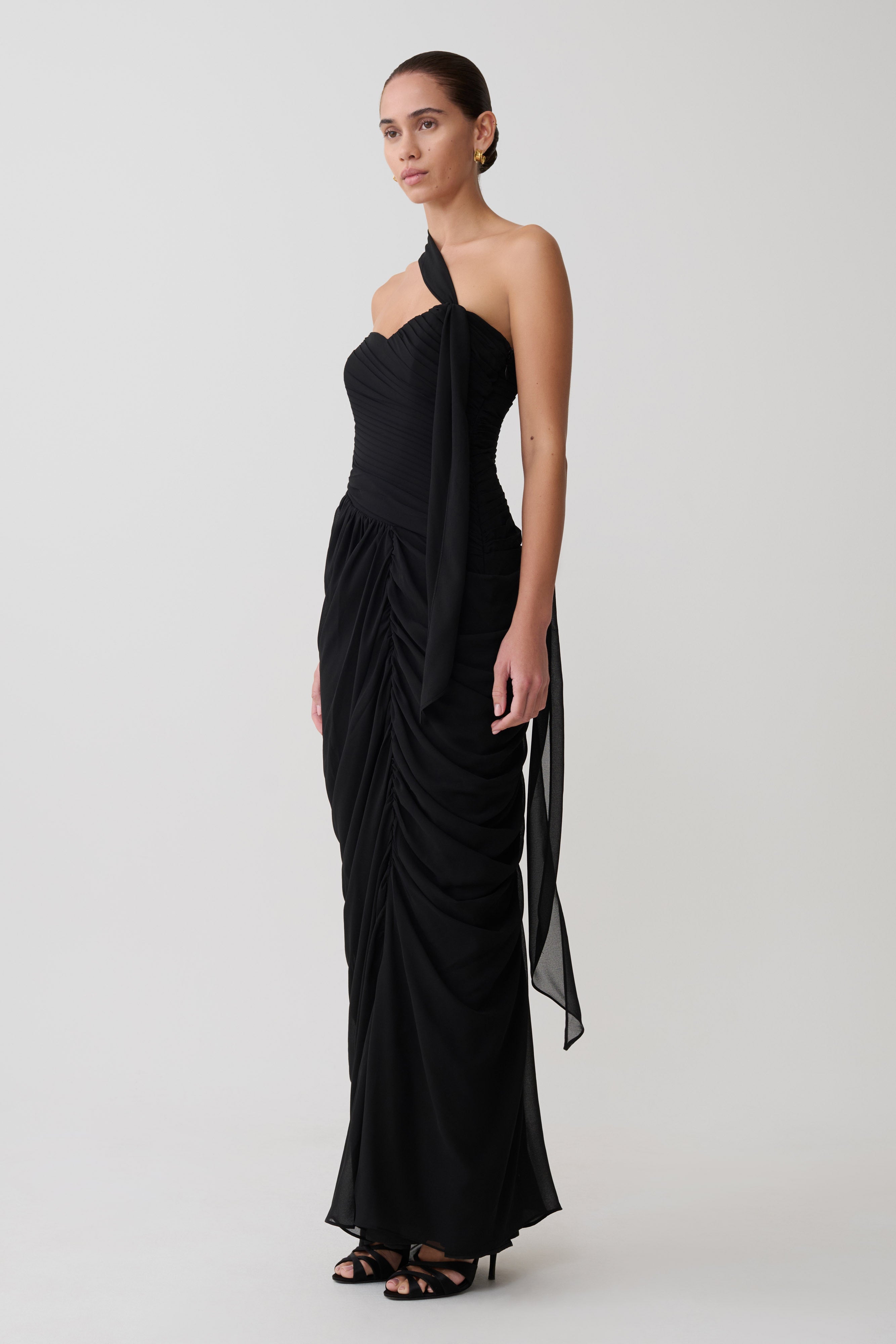 Micaela Chiffon Gathered Maxi Dress - Black - Image 5