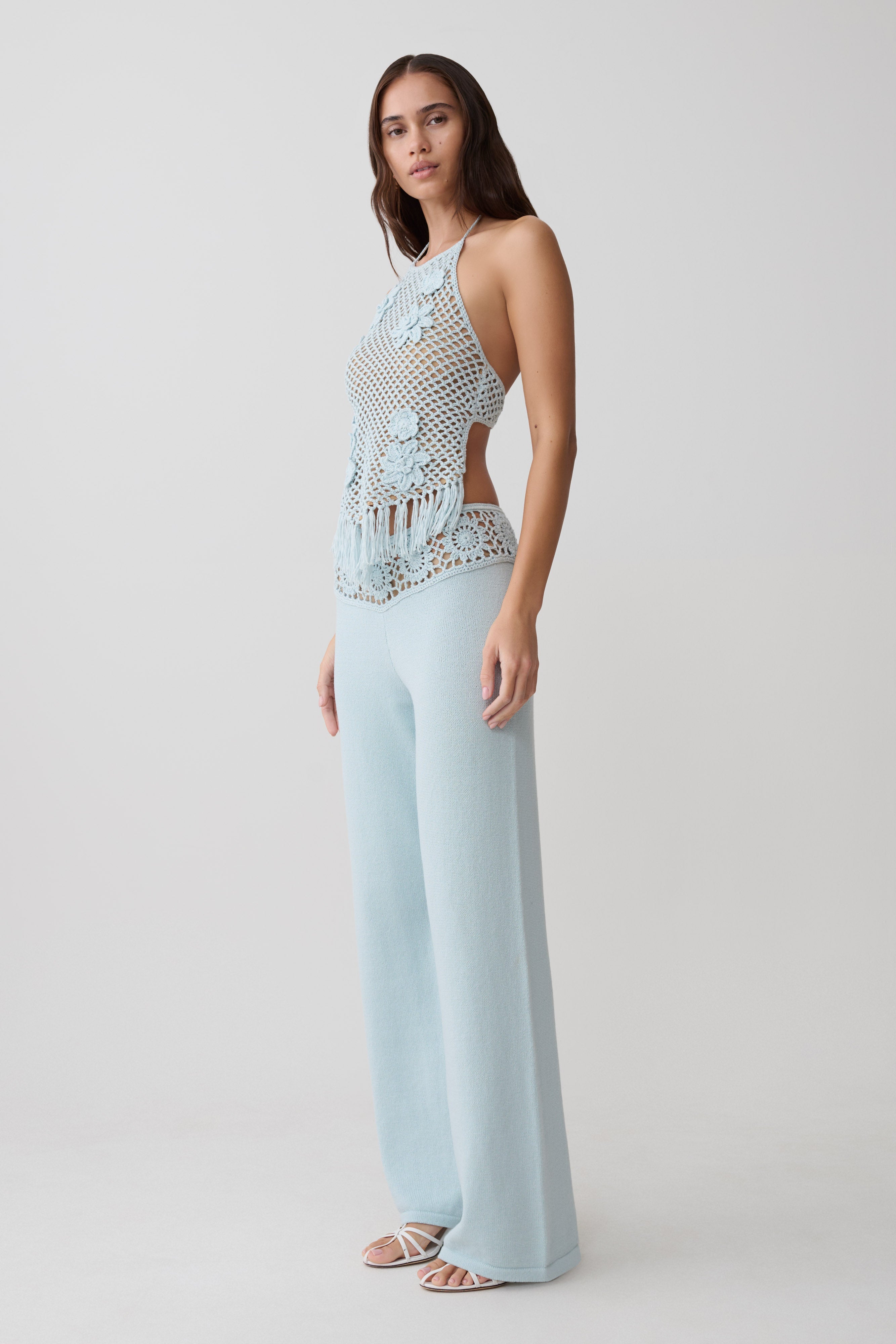 Miley Crochet Waistband Straight Leg Pant - Pale Aqua - Image 5