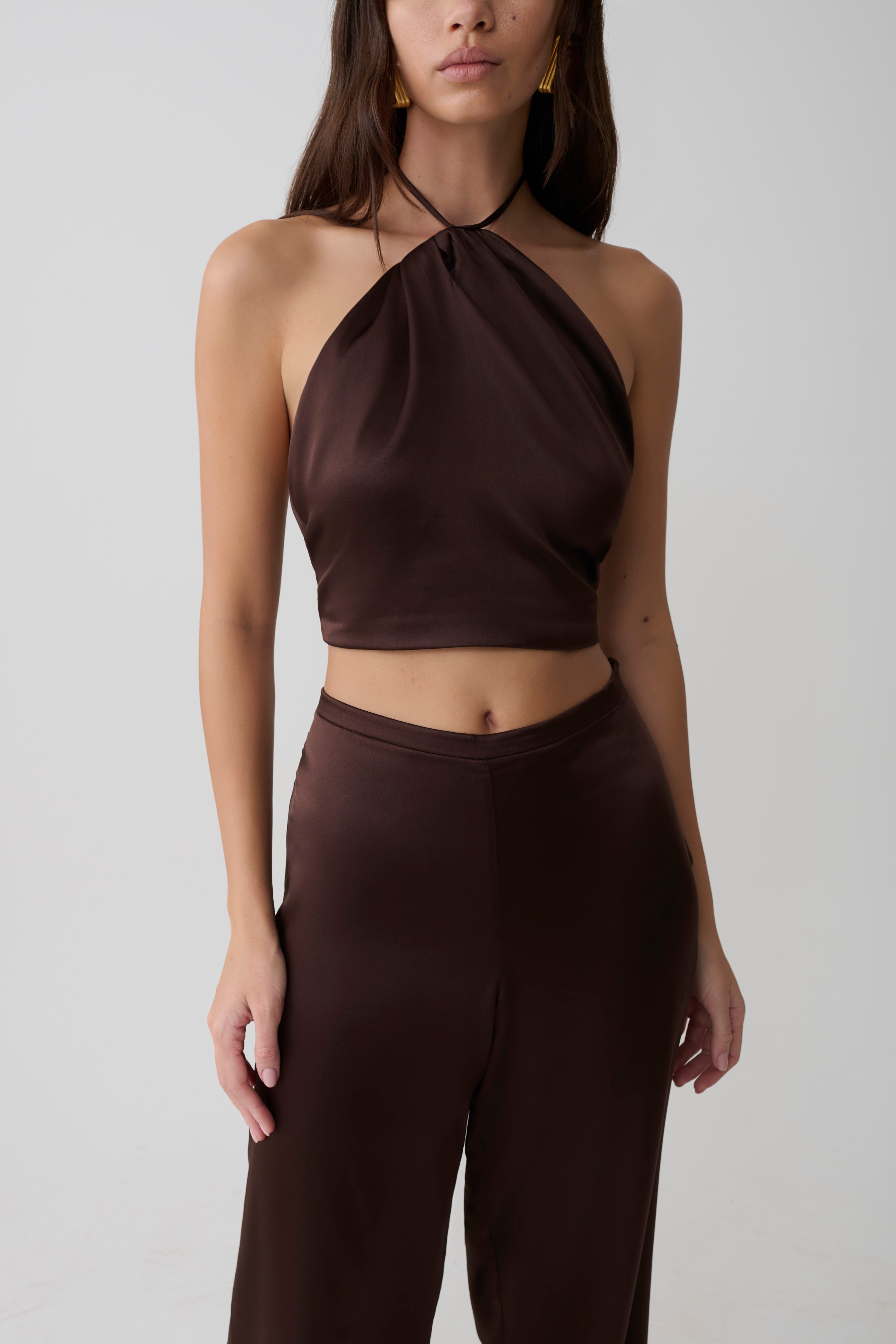 Mariana Halter Silk Blend Sleeveless Top - Dark Chocolate - Image 3
