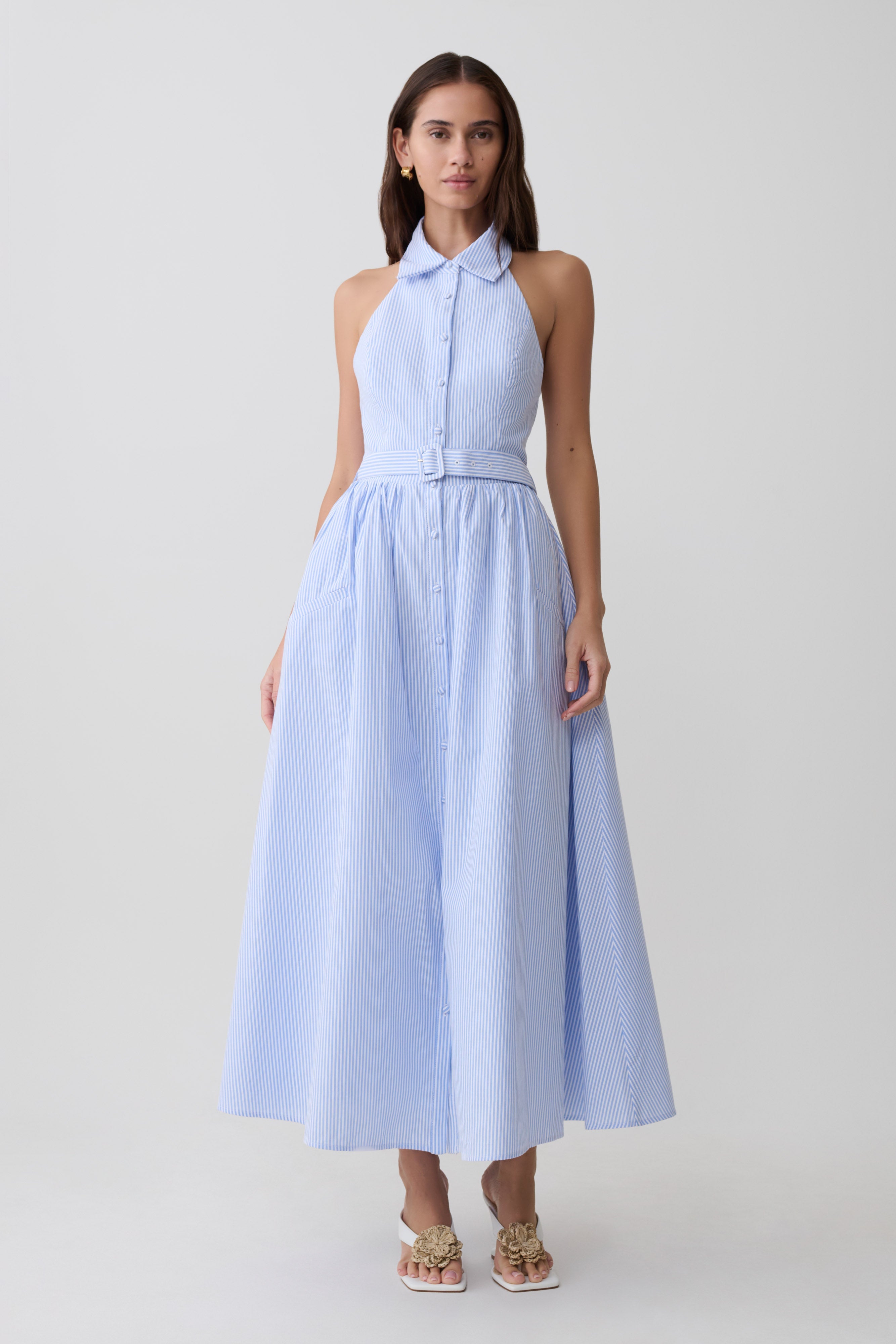 Cindy Collared Midi Dress - Blue Pinstripe - Image 5