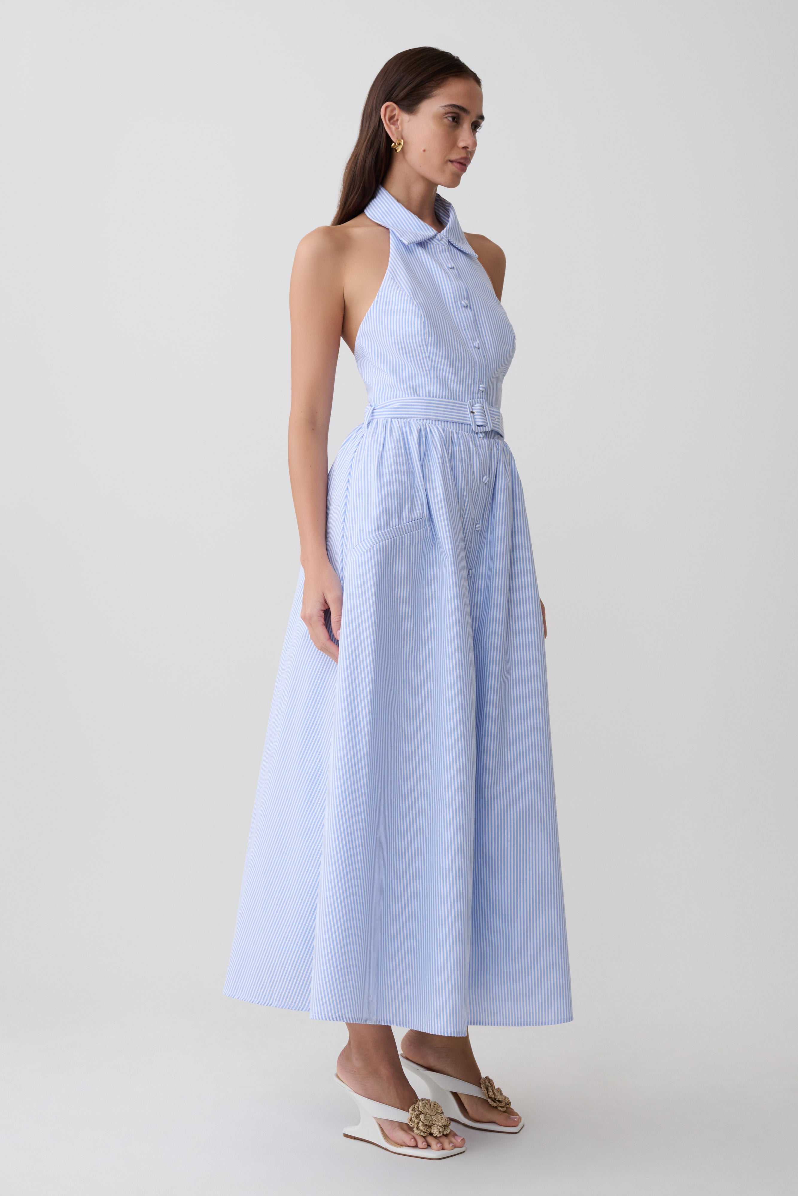 Cindy Collared Midi Dress - Blue Pinstripe - Image 4