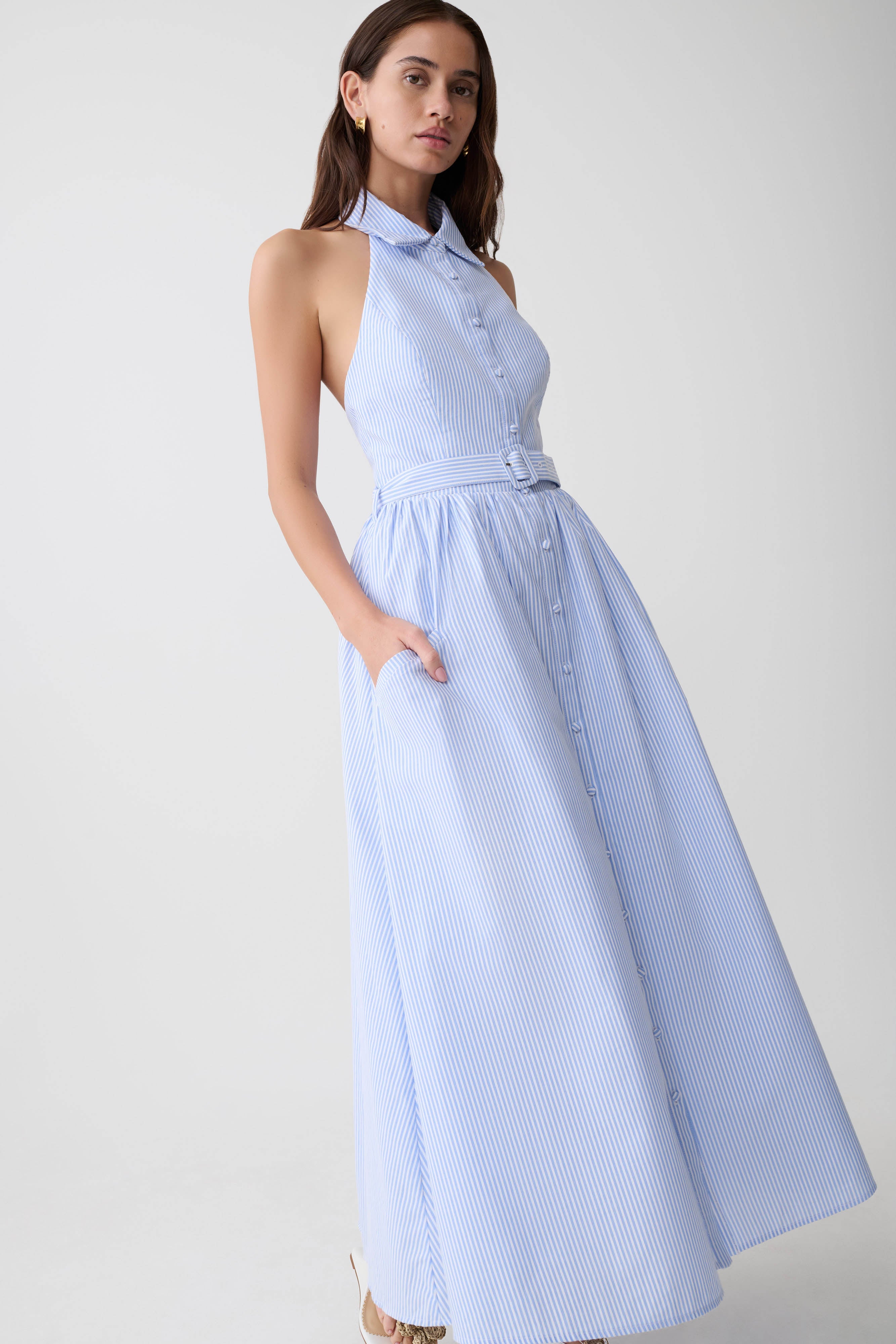 Cindy Collared Midi Dress - Blue Pinstripe - Image 6