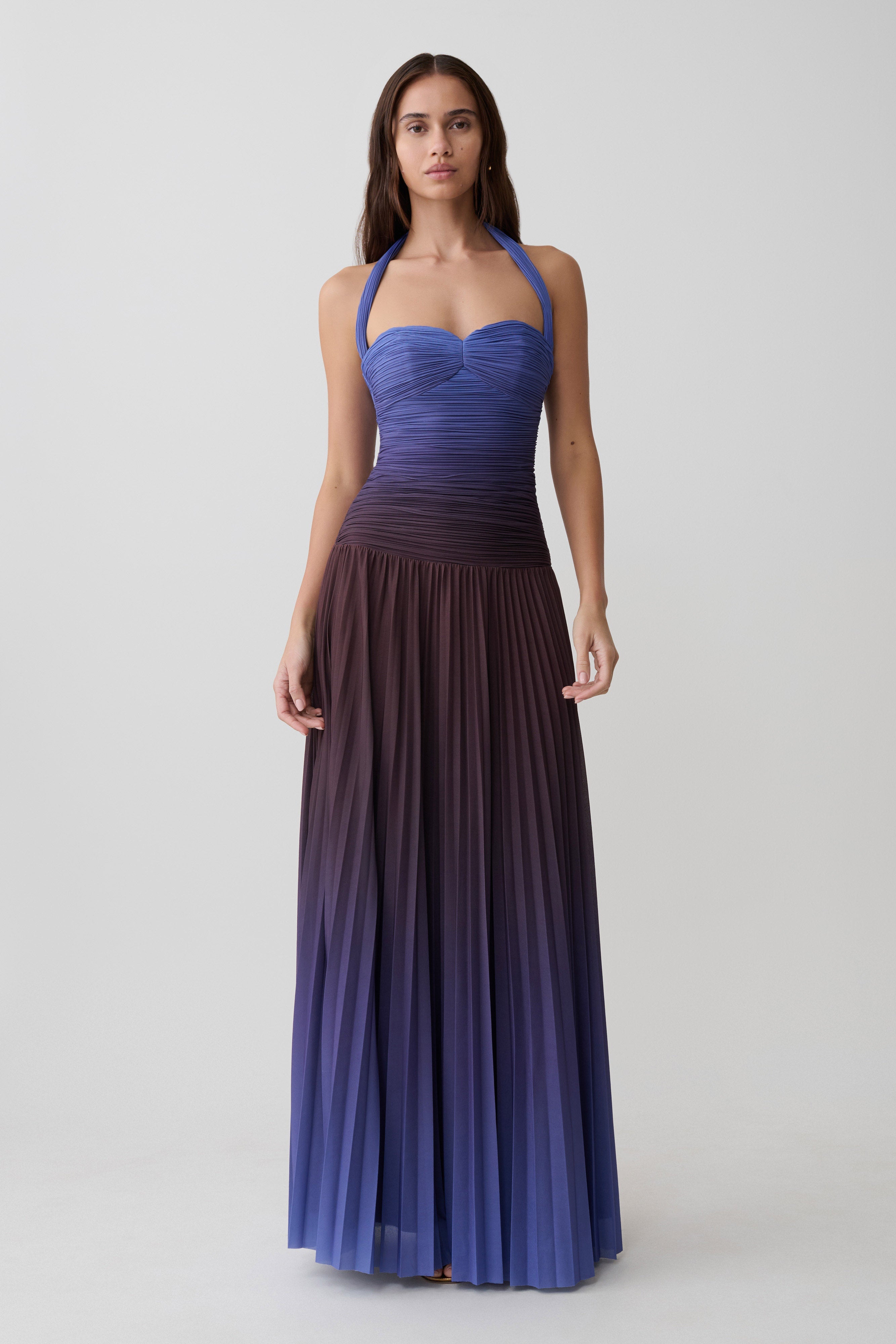 Azizi Pleated Halter Midi Dress - Chocolate & Blue Ombre Print - Image 4