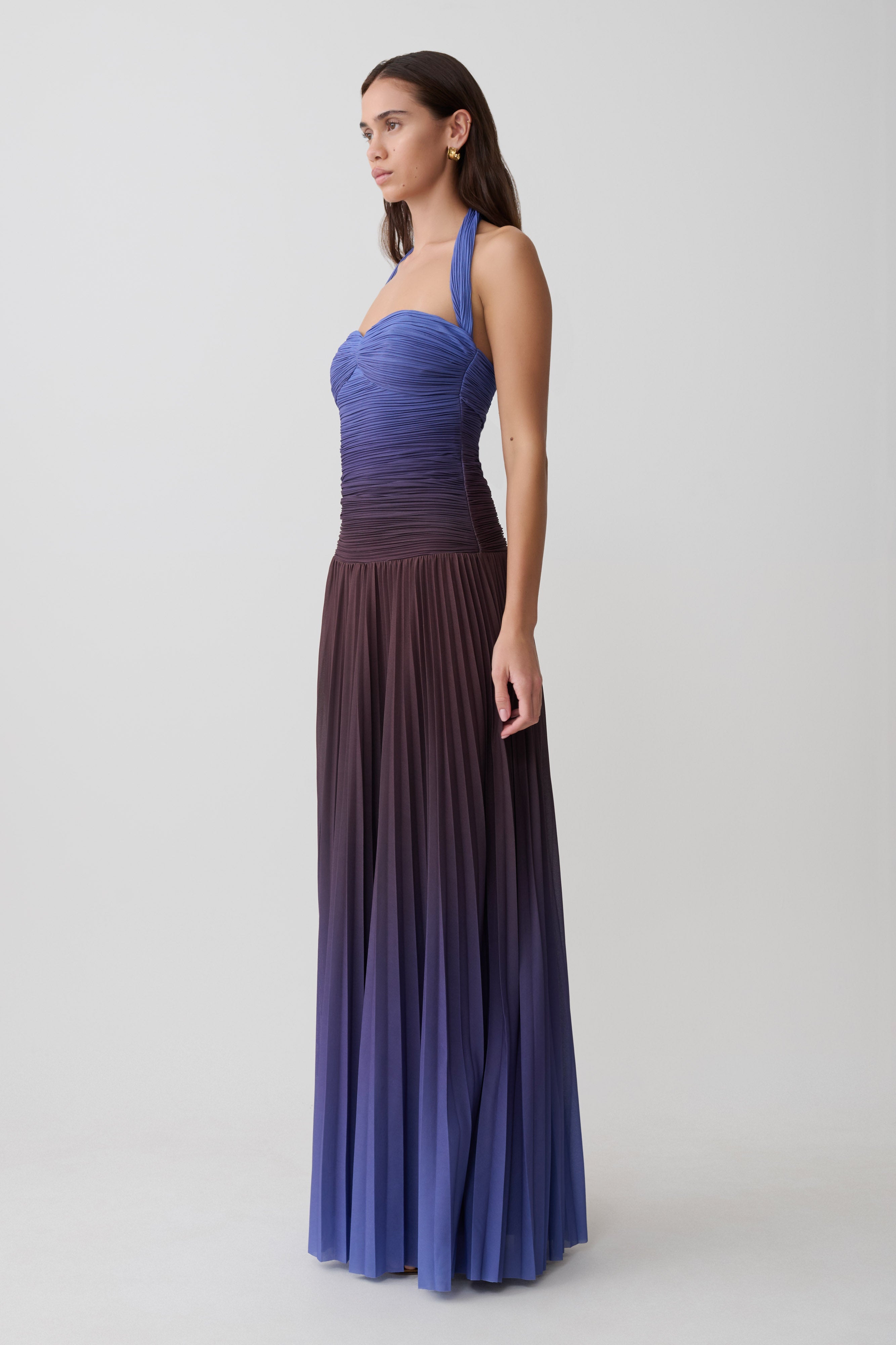 Azizi Pleated Halter Midi Dress - Chocolate & Blue Ombre Print - Image 3