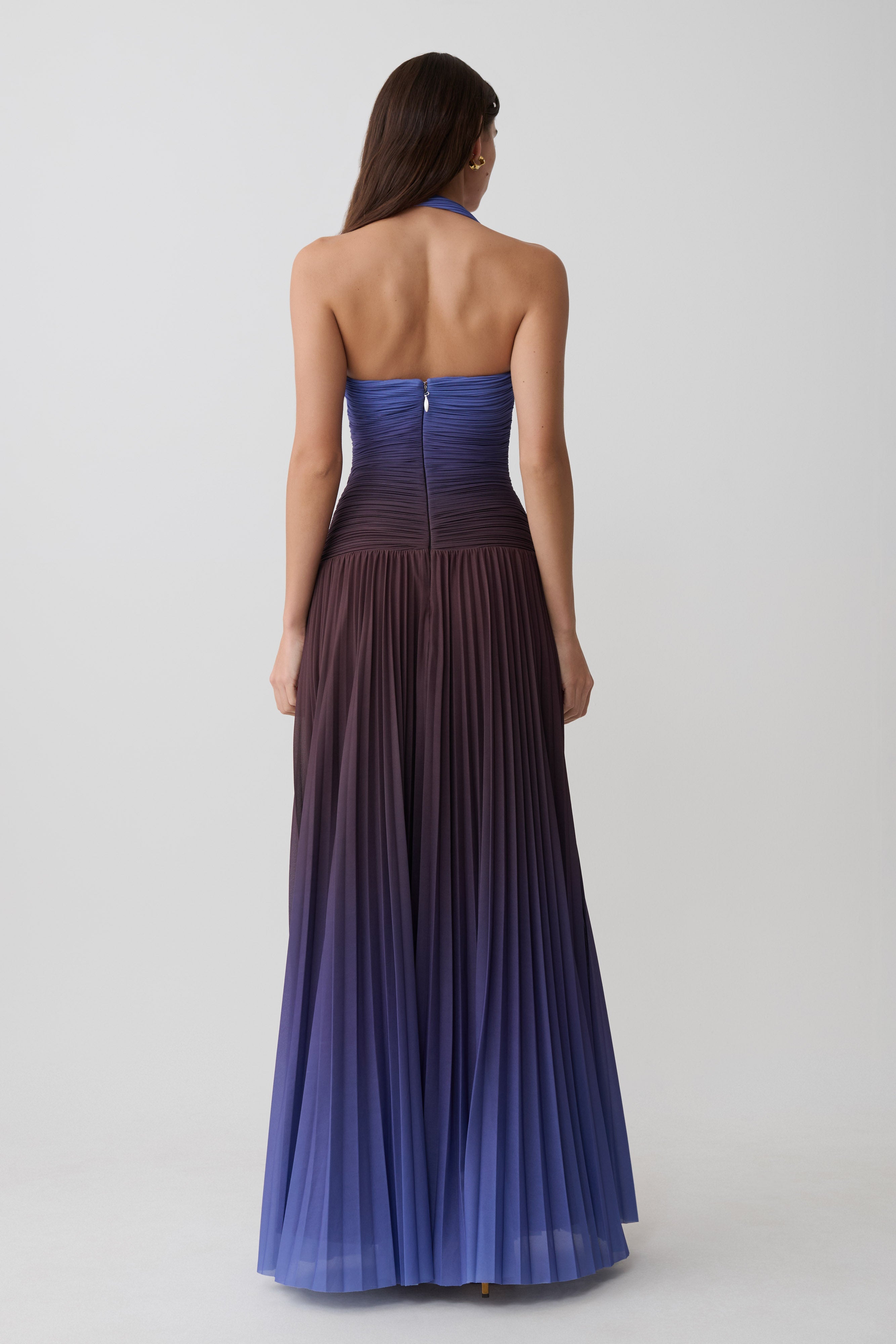 Alternative view of Azizi Pleated Halter Midi Dress - Chocolate & Blue Ombre Print