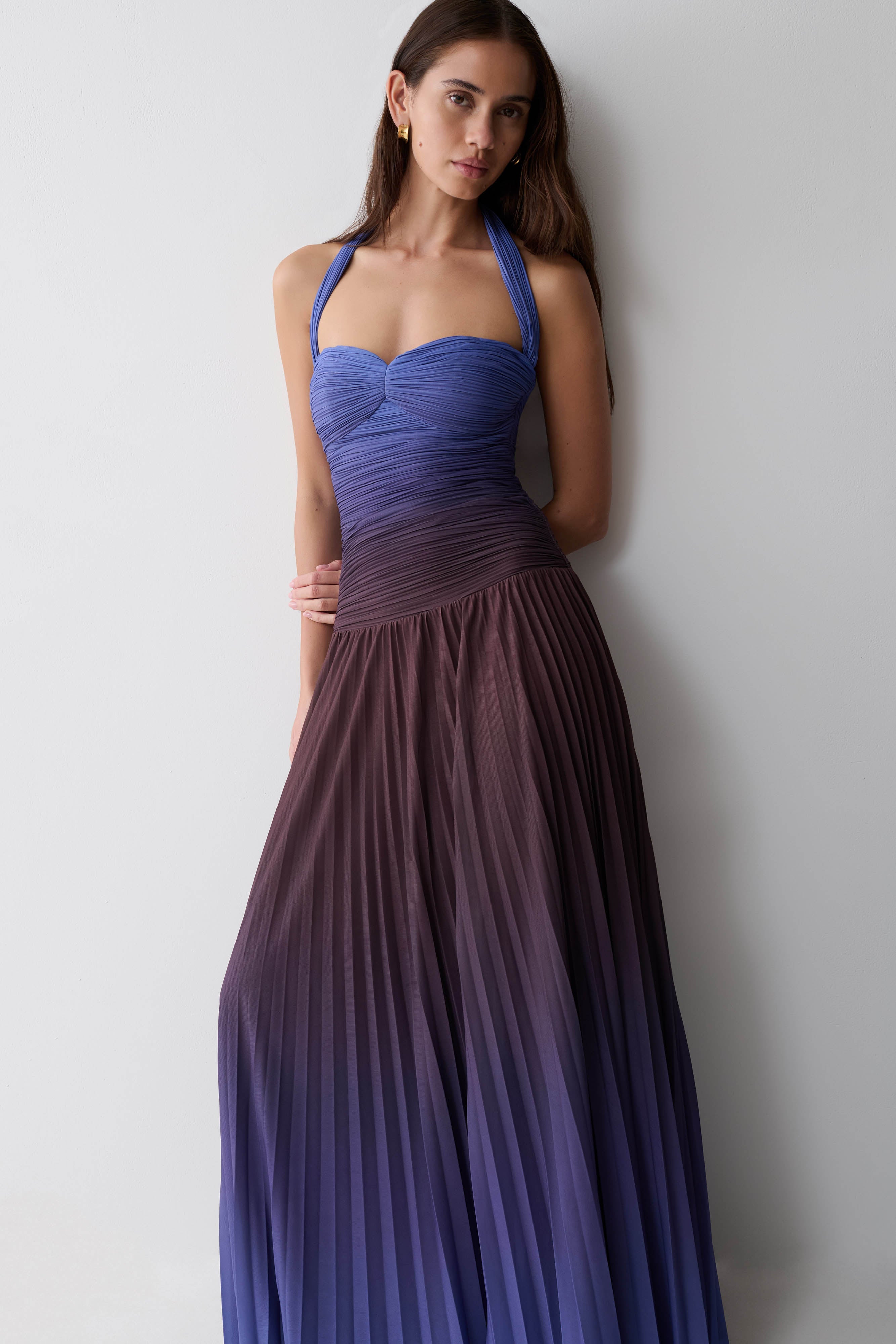 Azizi Pleated Halter Midi Dress - Chocolate & Blue Ombre Print - Image 6