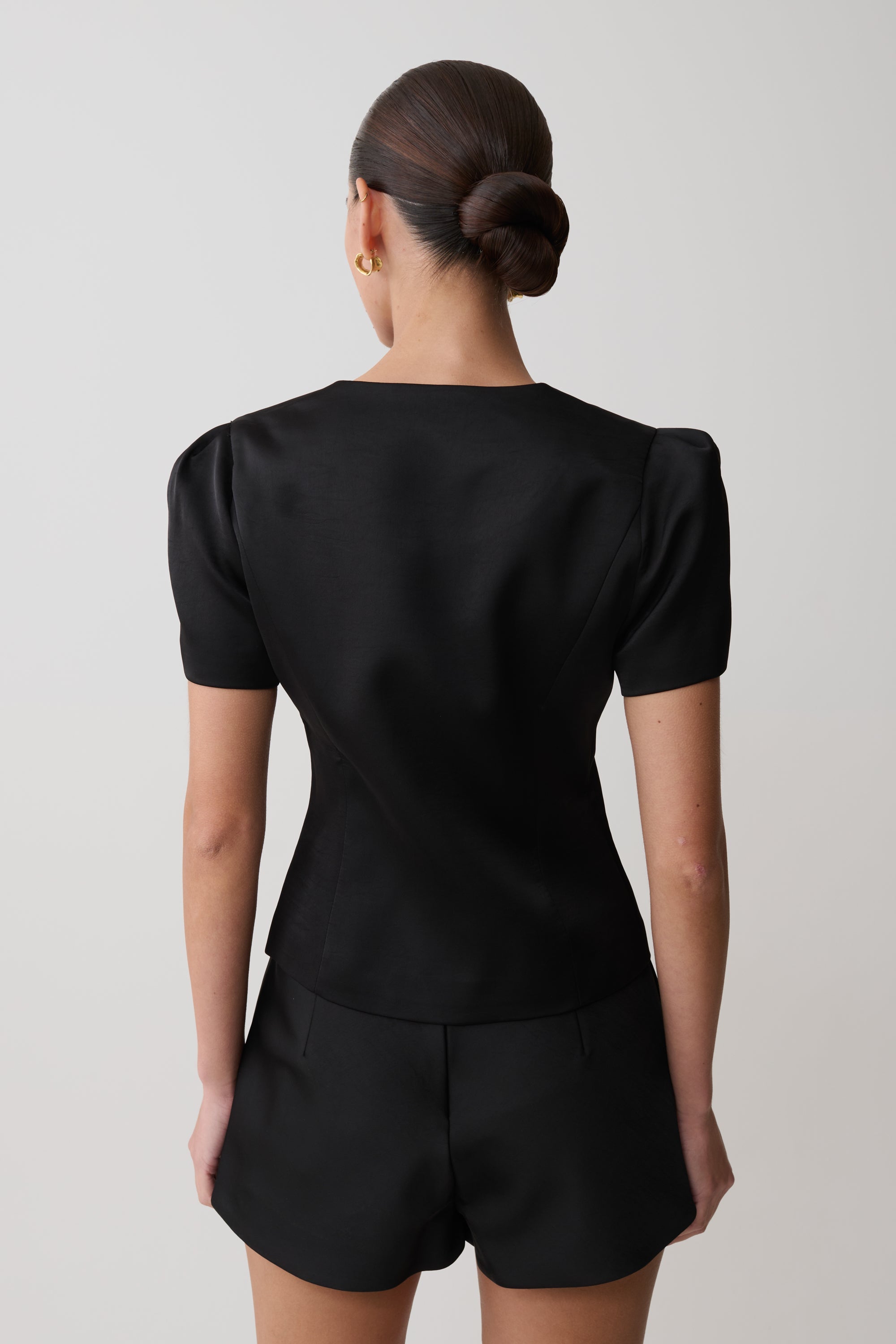Anne Short Sleeve Satin Top - Black - Image 3