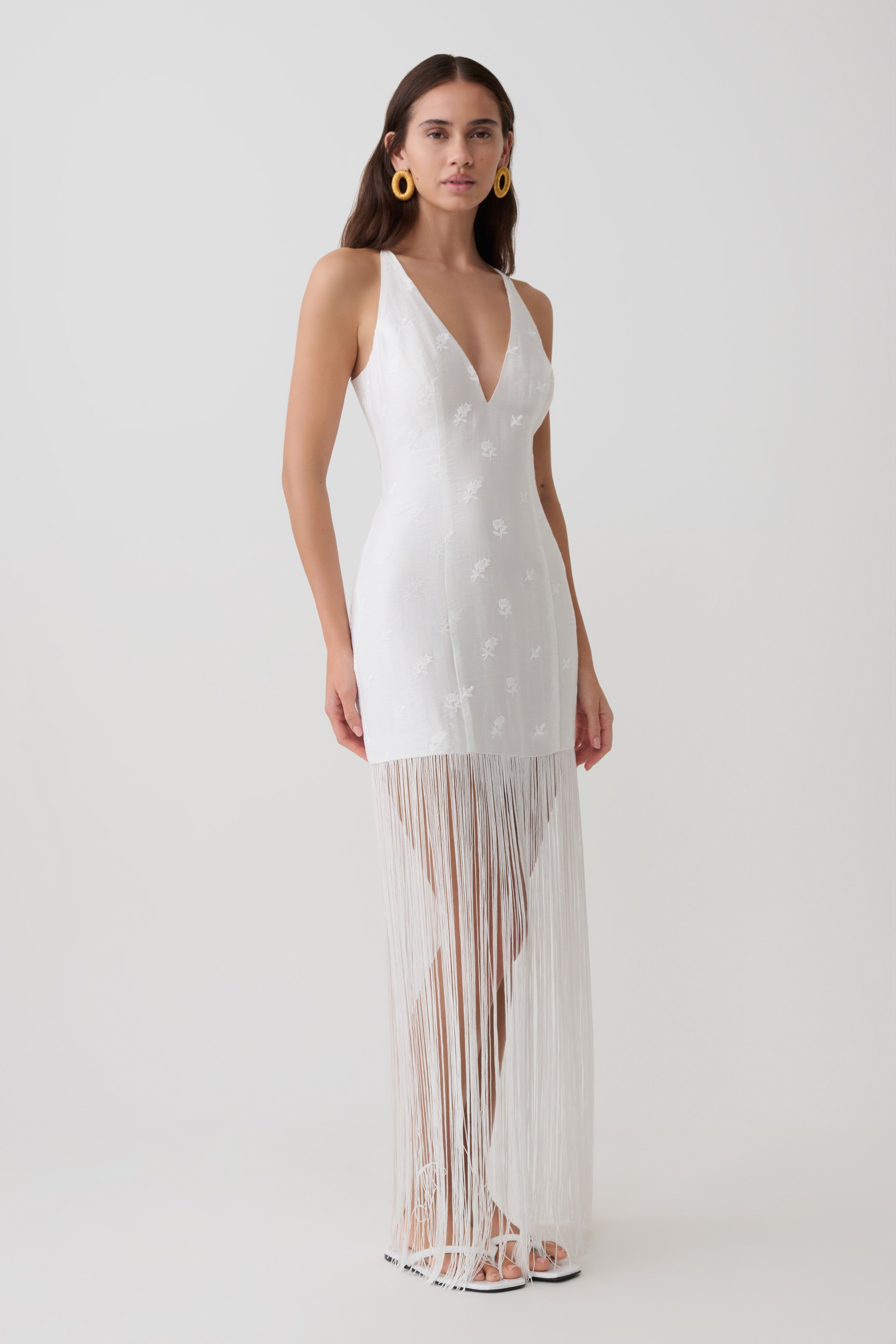 Abigail V Neck Fringe Maxi Dress - White - Image 4