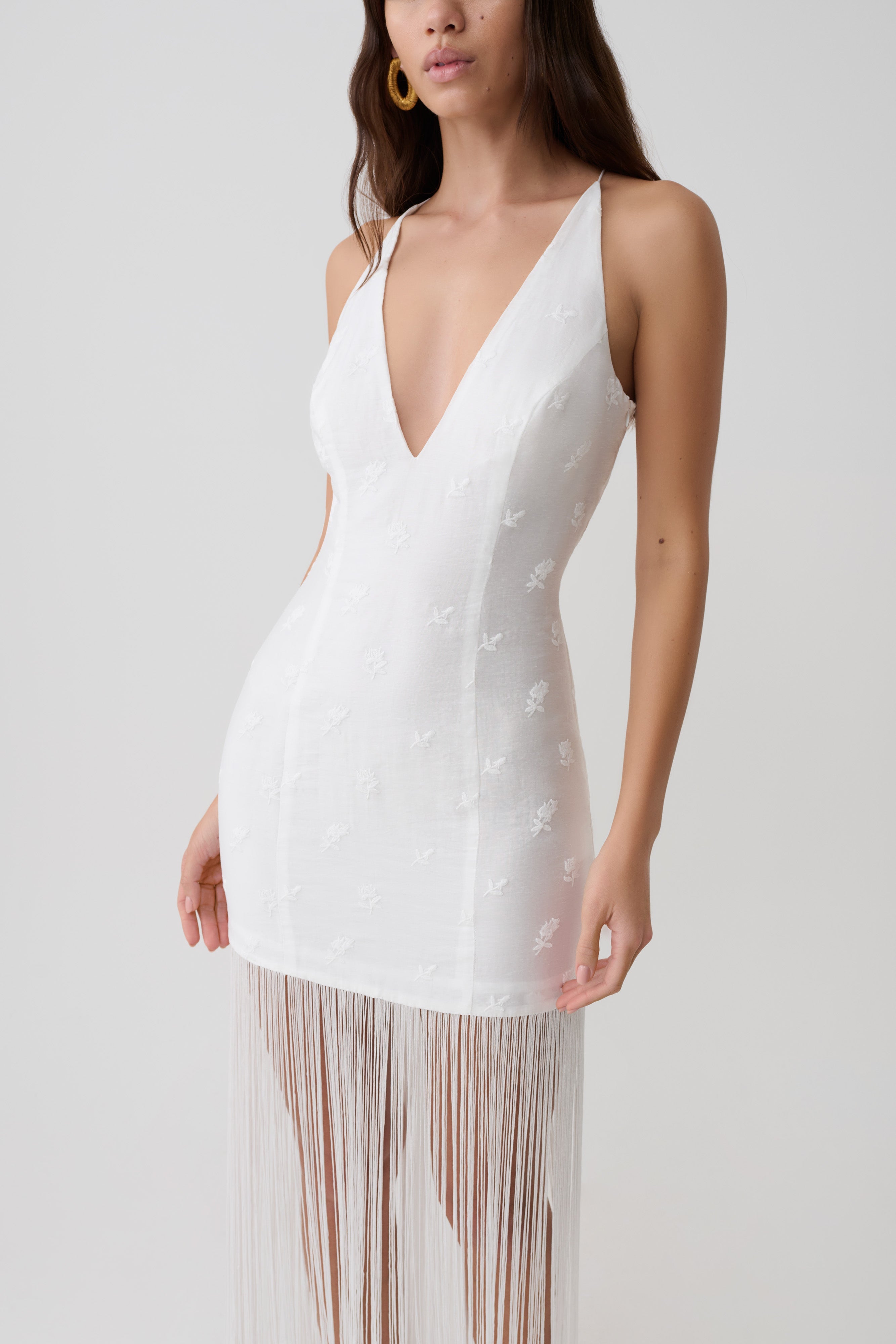 Abigail V Neck Fringe Maxi Dress - White - Image 3