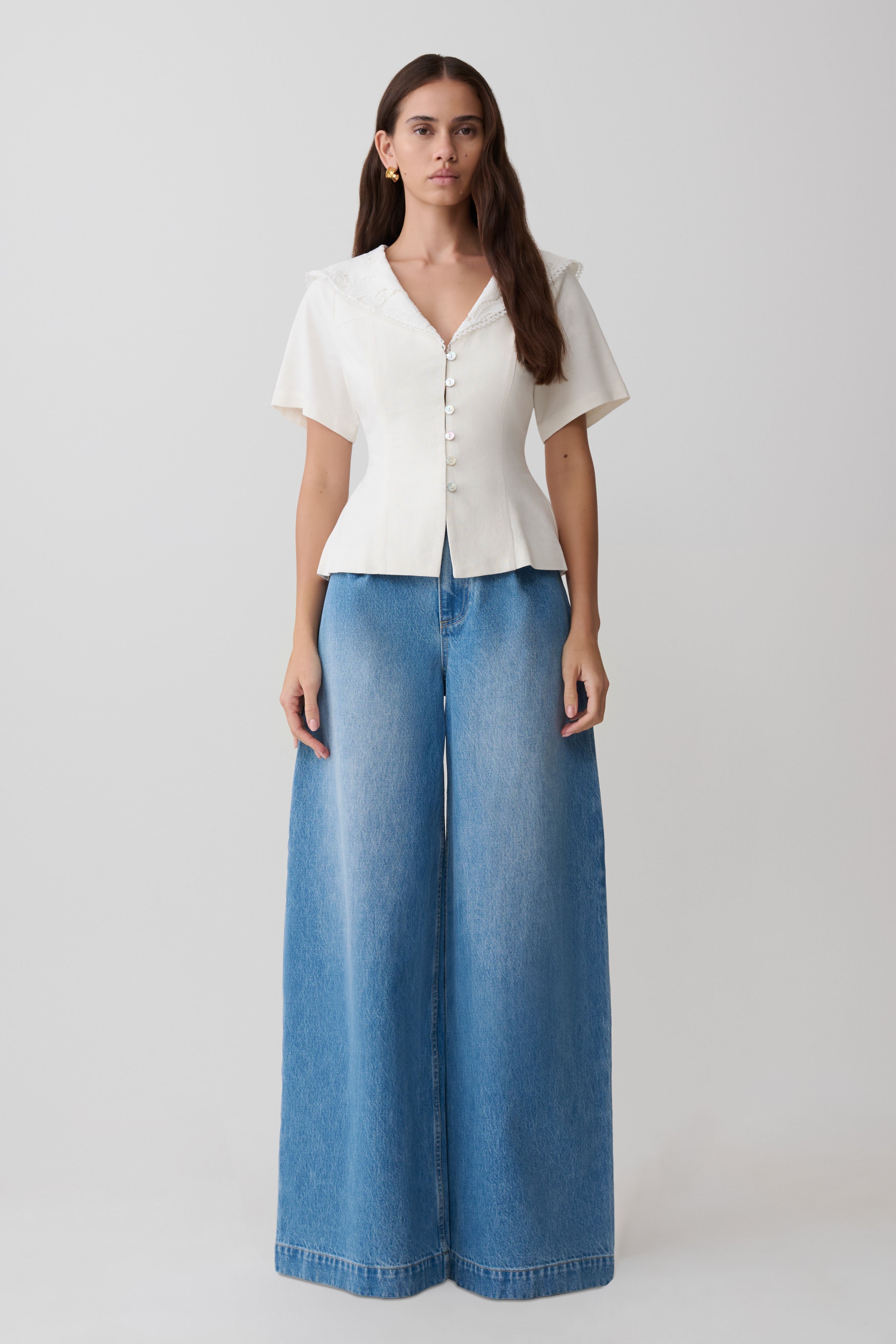 Melody Short Sleeve Shirt With Lace Collar - White - Image 7