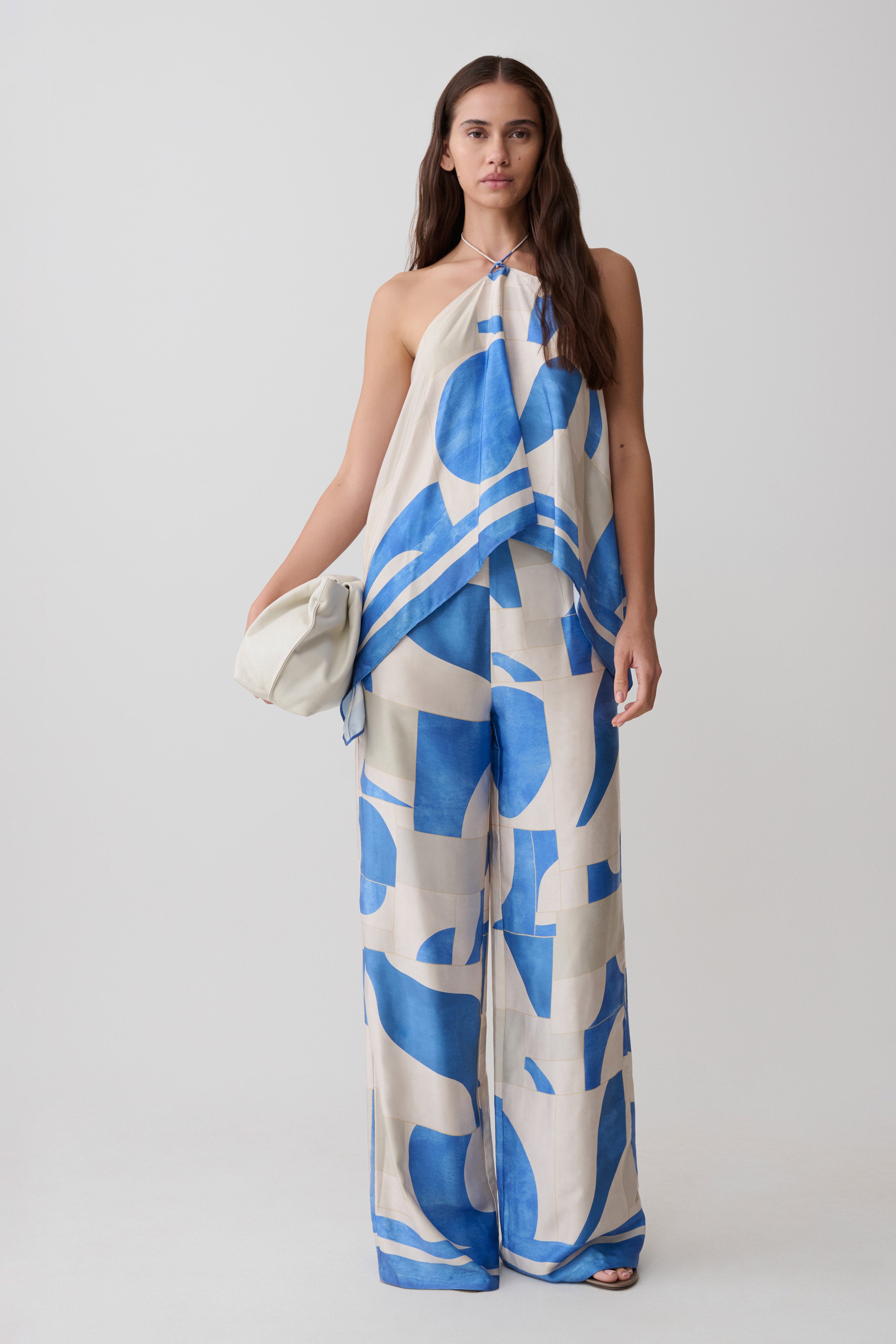 Rachel Satin Straight Leg Pants - Blue Geo Tile Print - Image 7