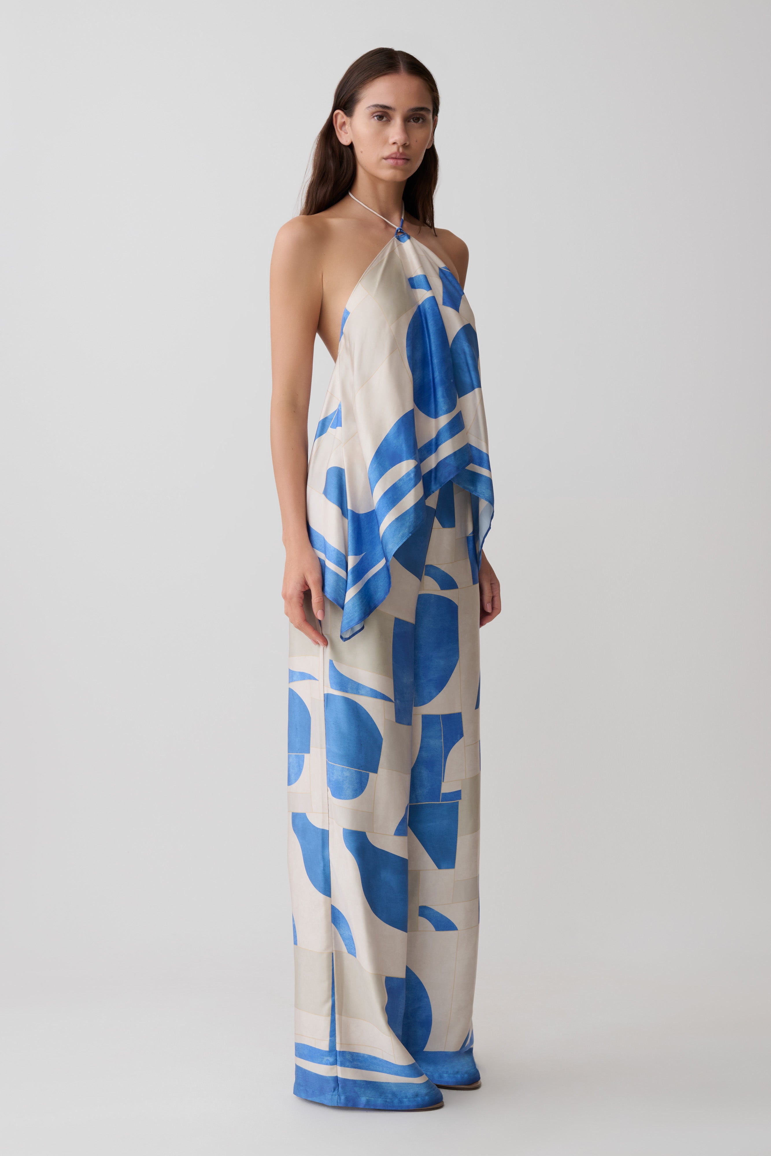 Rachel Satin Straight Leg Pants - Blue Geo Tile Print - Image 4
