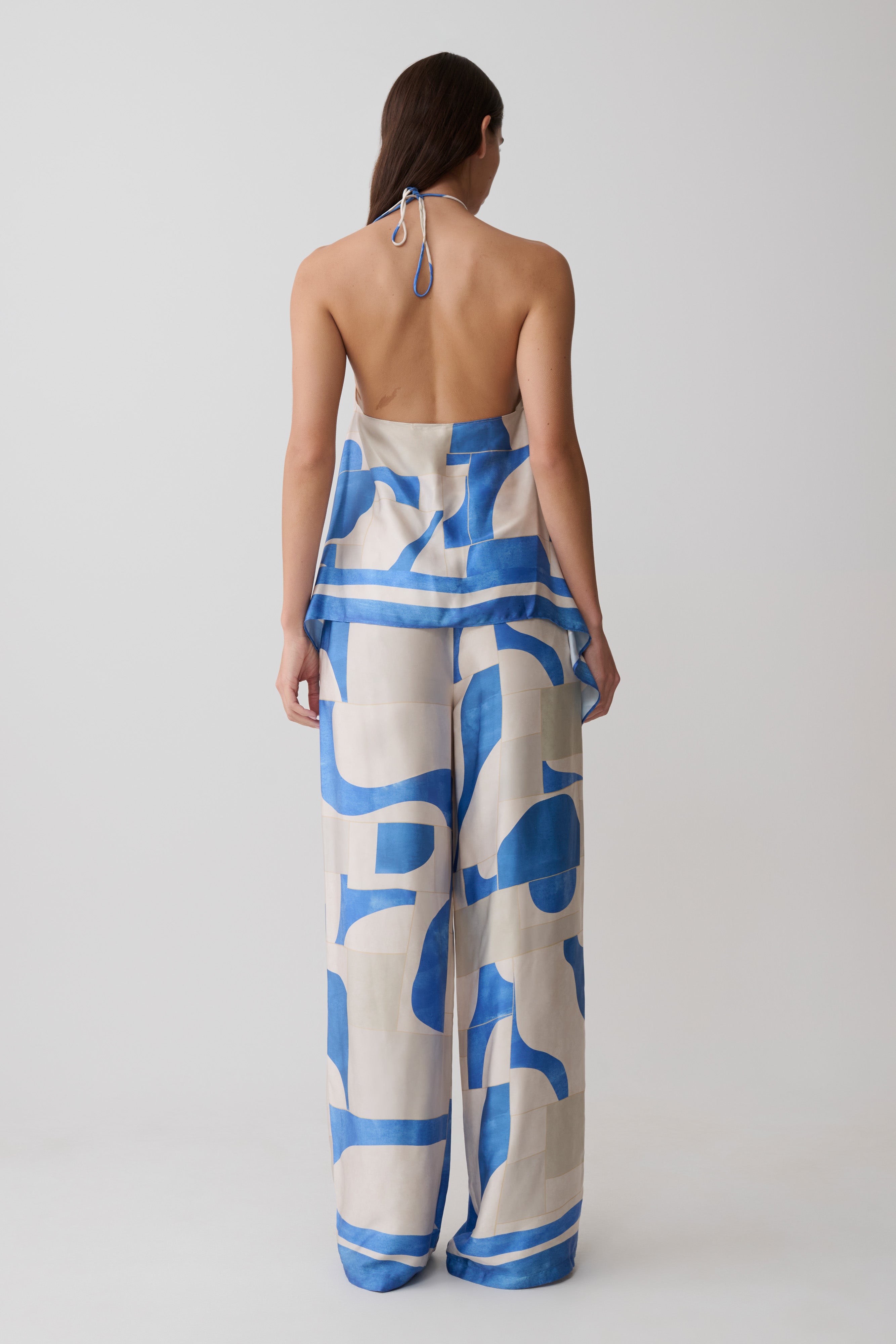 Rachel Satin Straight Leg Pants - Blue Geo Tile Print - Image 5