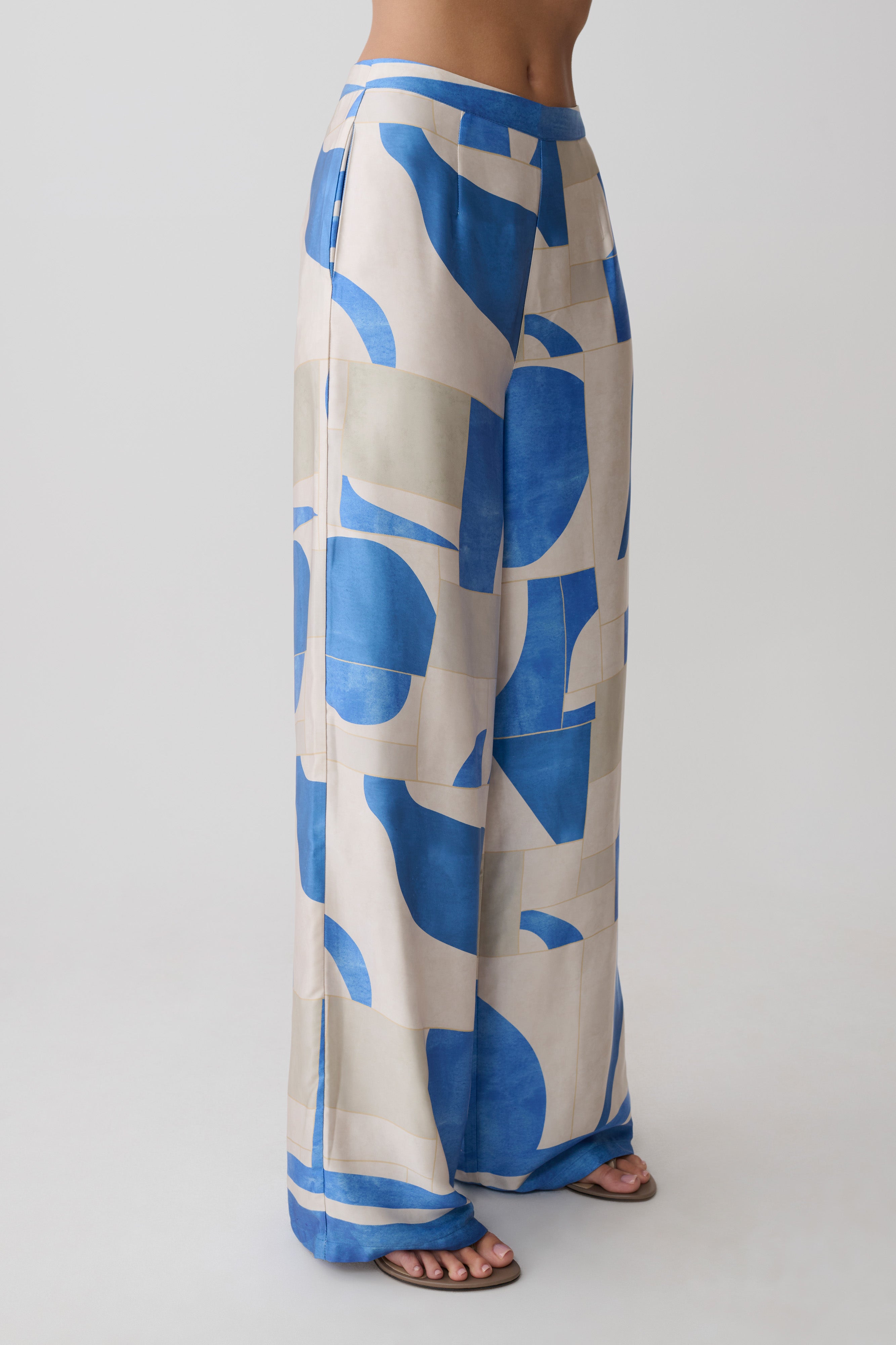 Rachel Satin Straight Leg Pants - Blue Geo Tile Print - Image 3