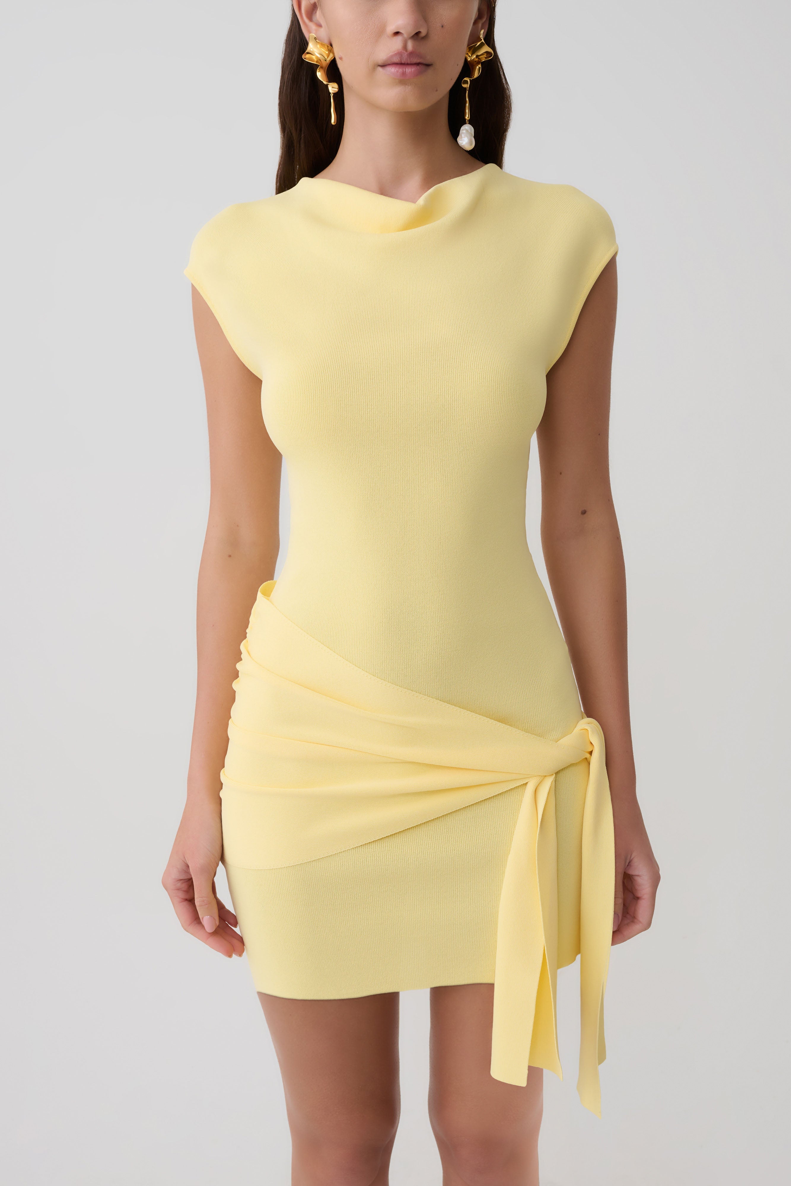 Freida Knit Mini Dress With Sash - Lemon - Image 3