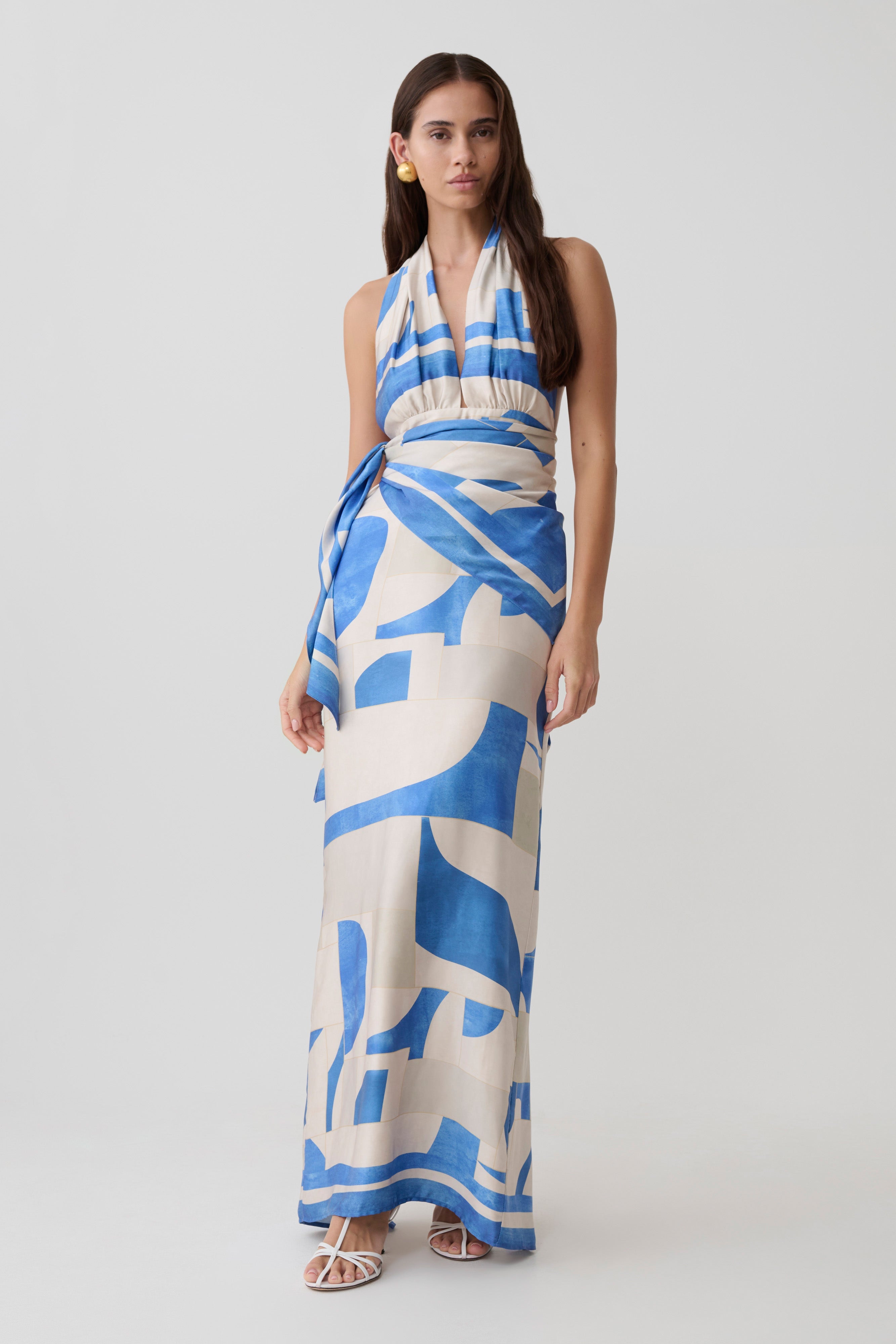 Gianna Satin Halter Maxi Dress - Blue Geo Tile Print - Image 3