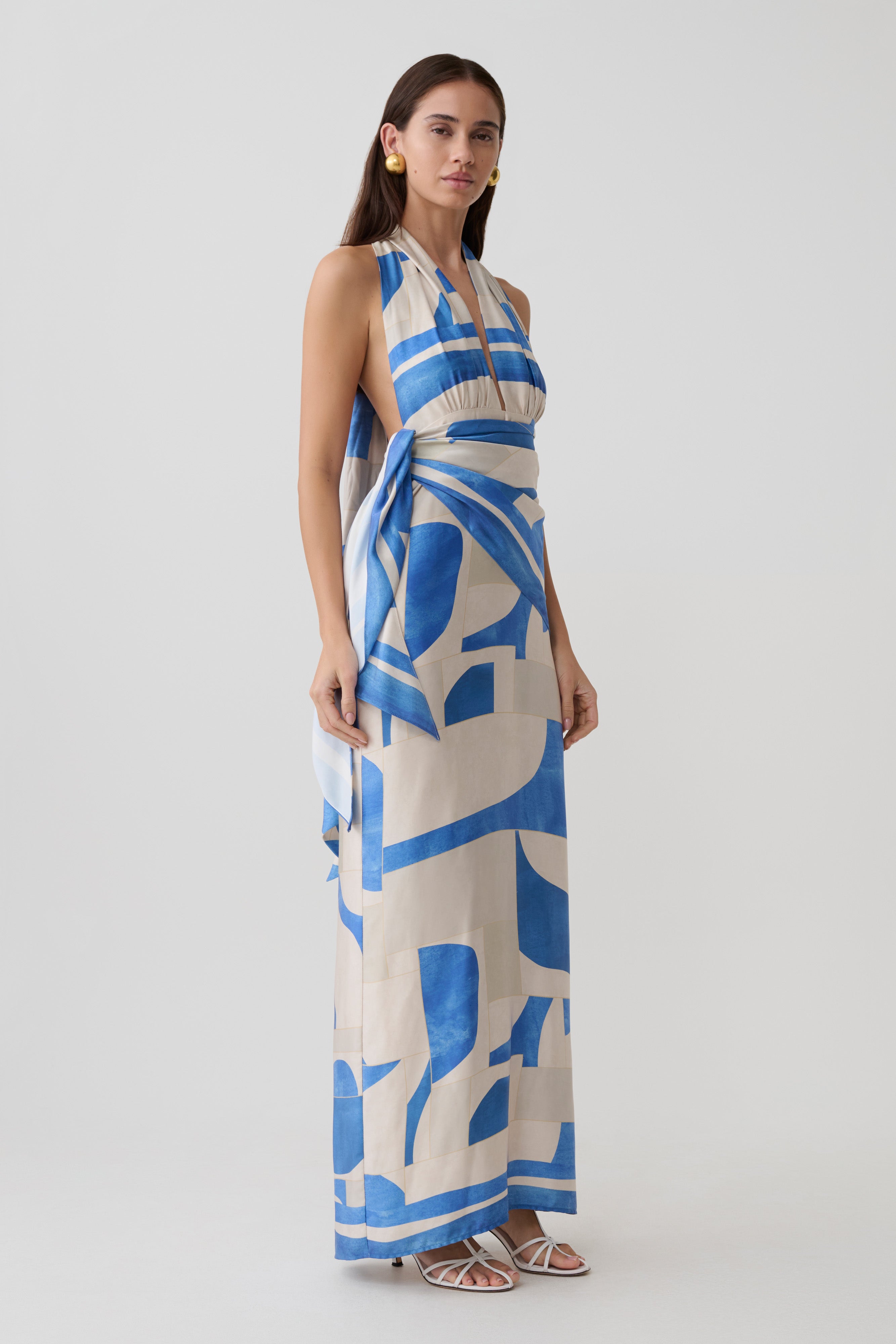 Gianna Satin Halter Maxi Dress - Blue Geo Tile Print - Image 4