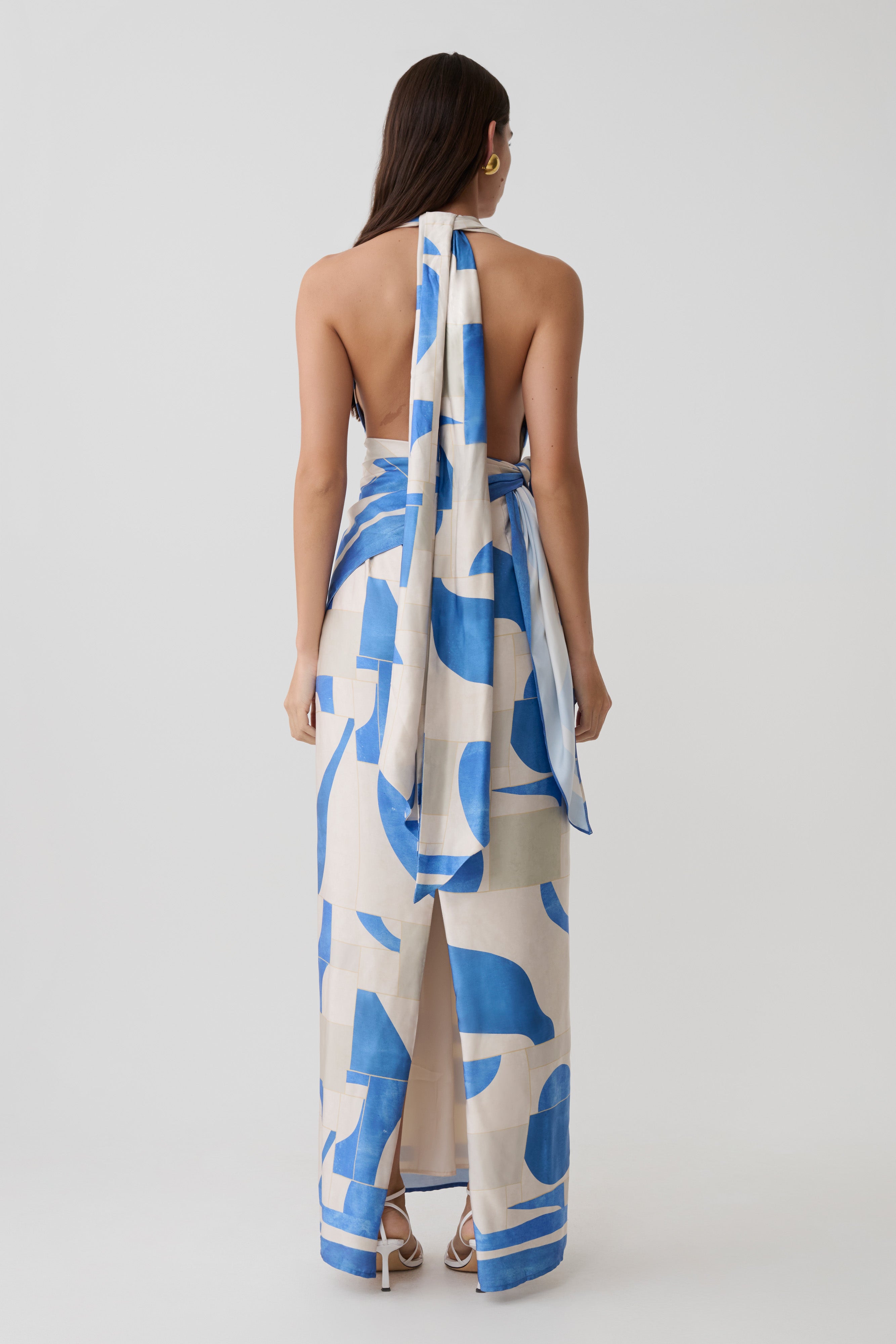 Gianna Satin Halter Maxi Dress - Blue Geo Tile Print - Image 2
