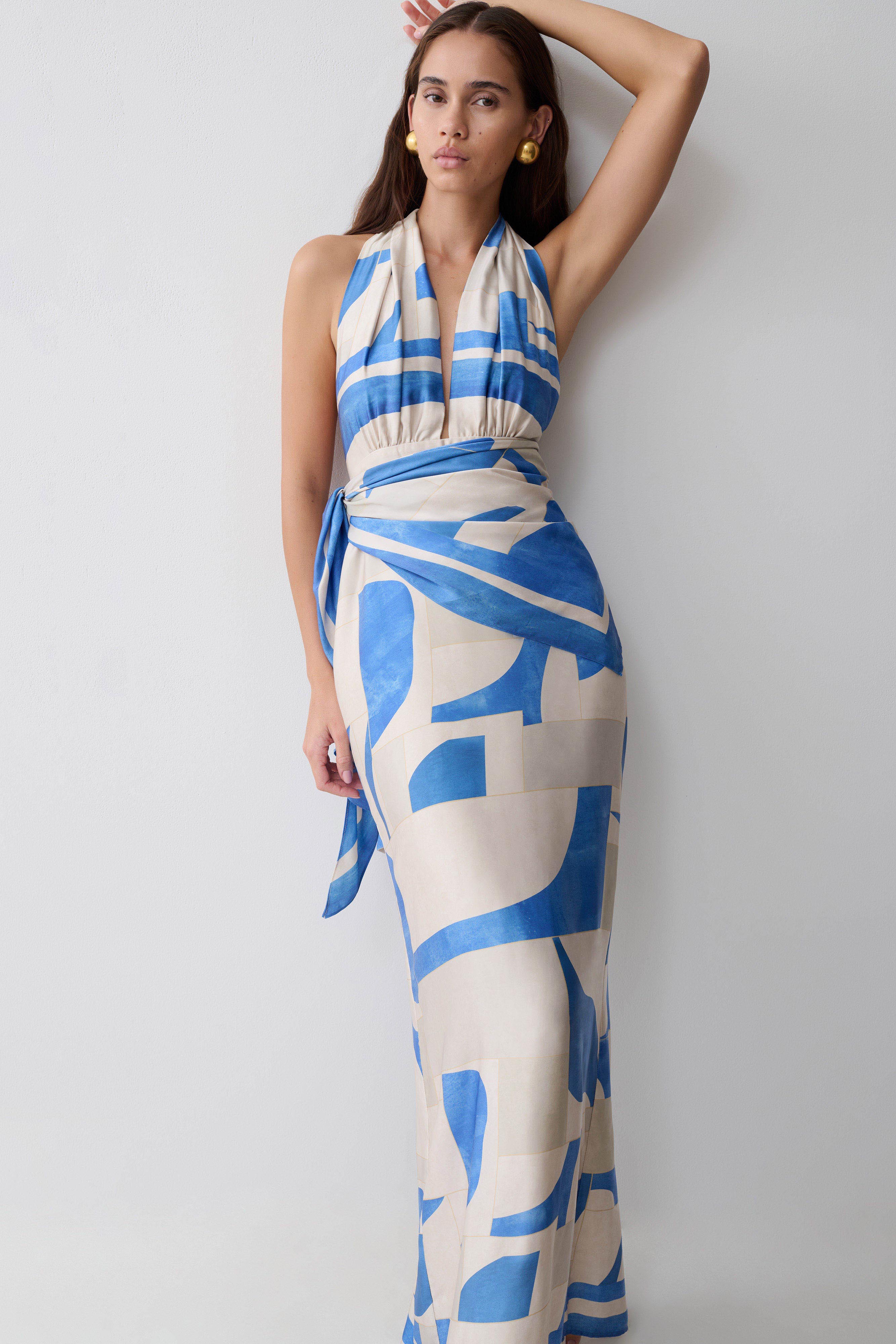Gianna Satin Halter Maxi Dress - Blue Geo Tile Print - Image 6