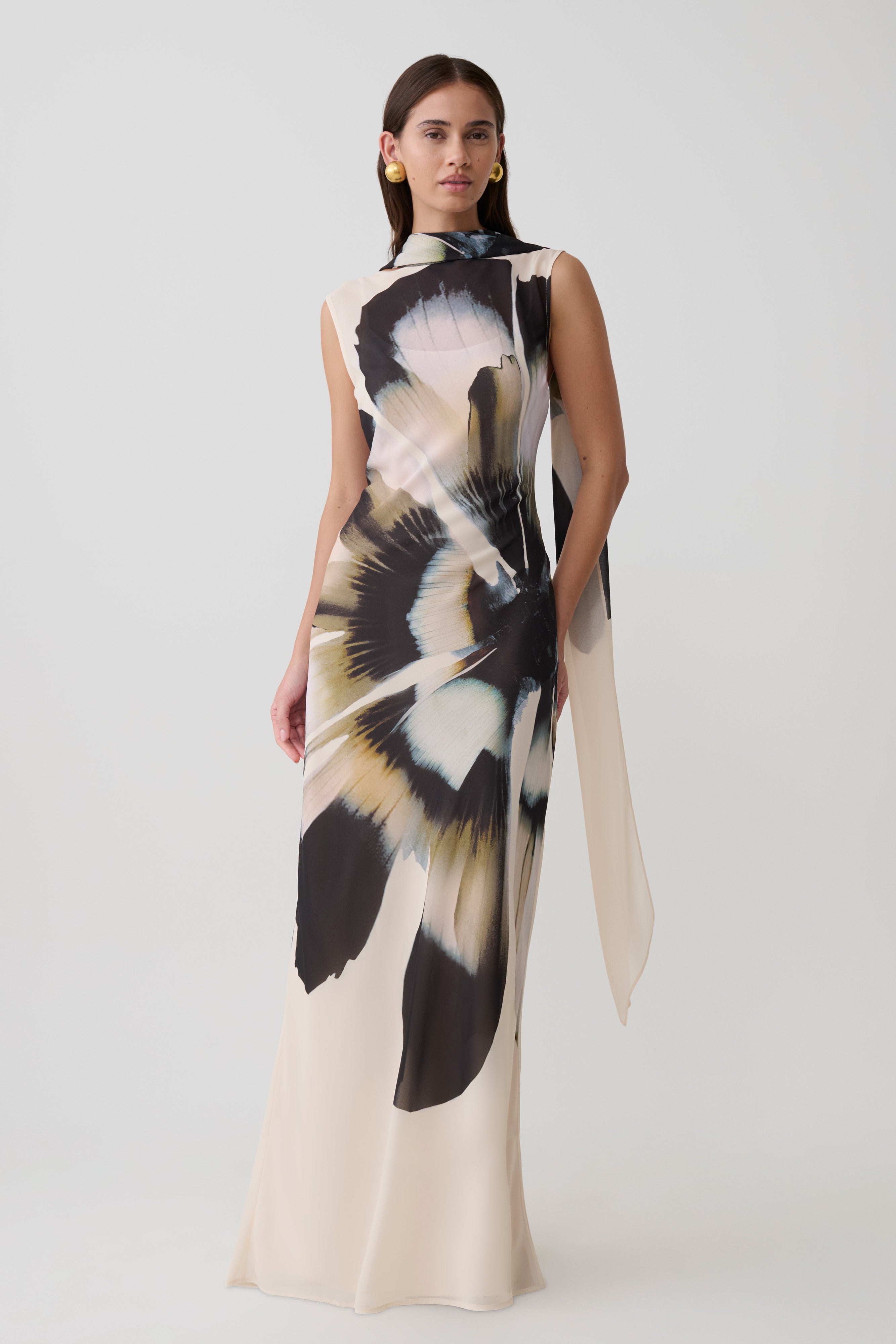 Alternative view of Dakota Chiffon Maxi Dress With Scarf - Ivory Oversized Floral Print