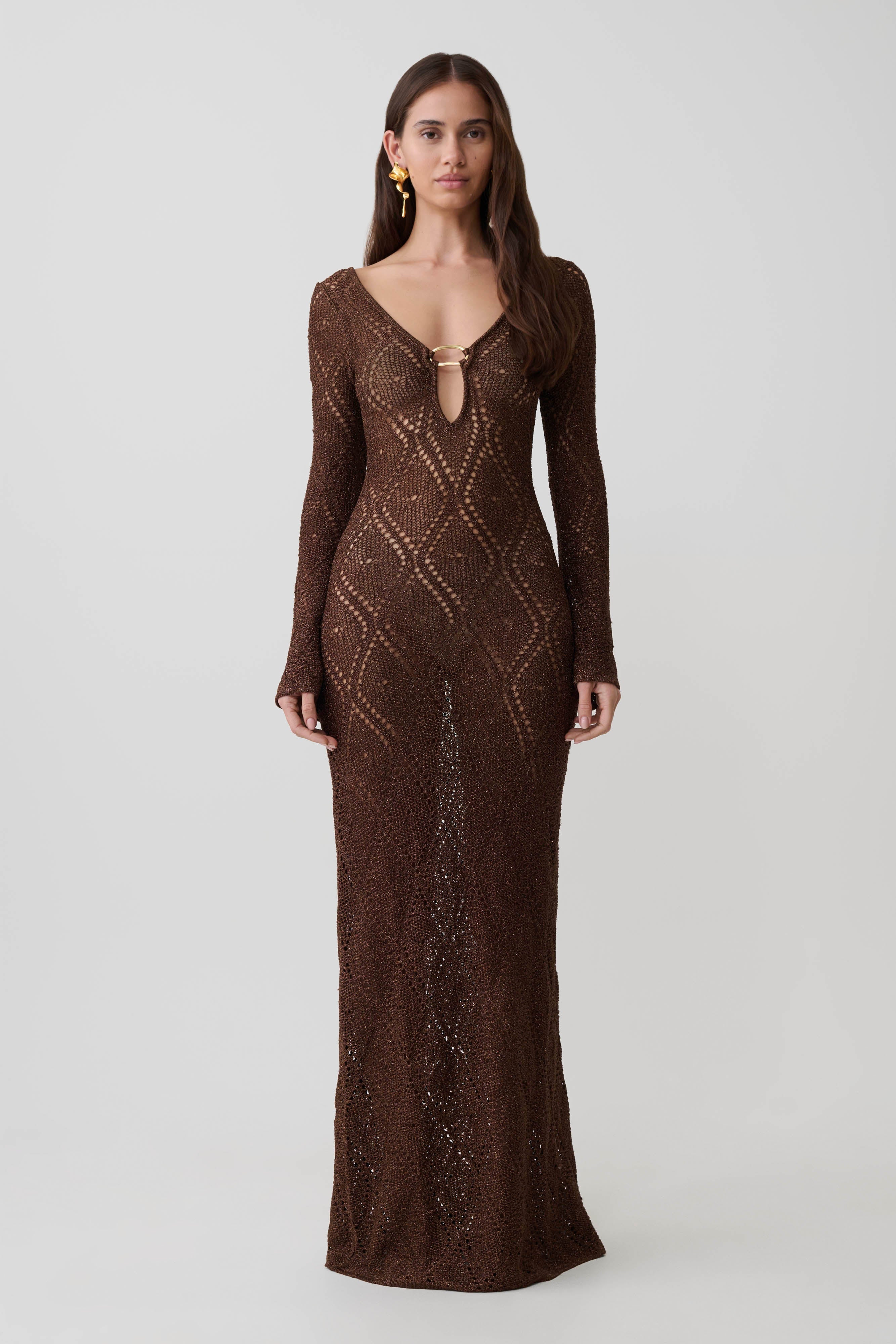 Chelsea Lurex Crochet Maxi Dress - Bronze - Image 4