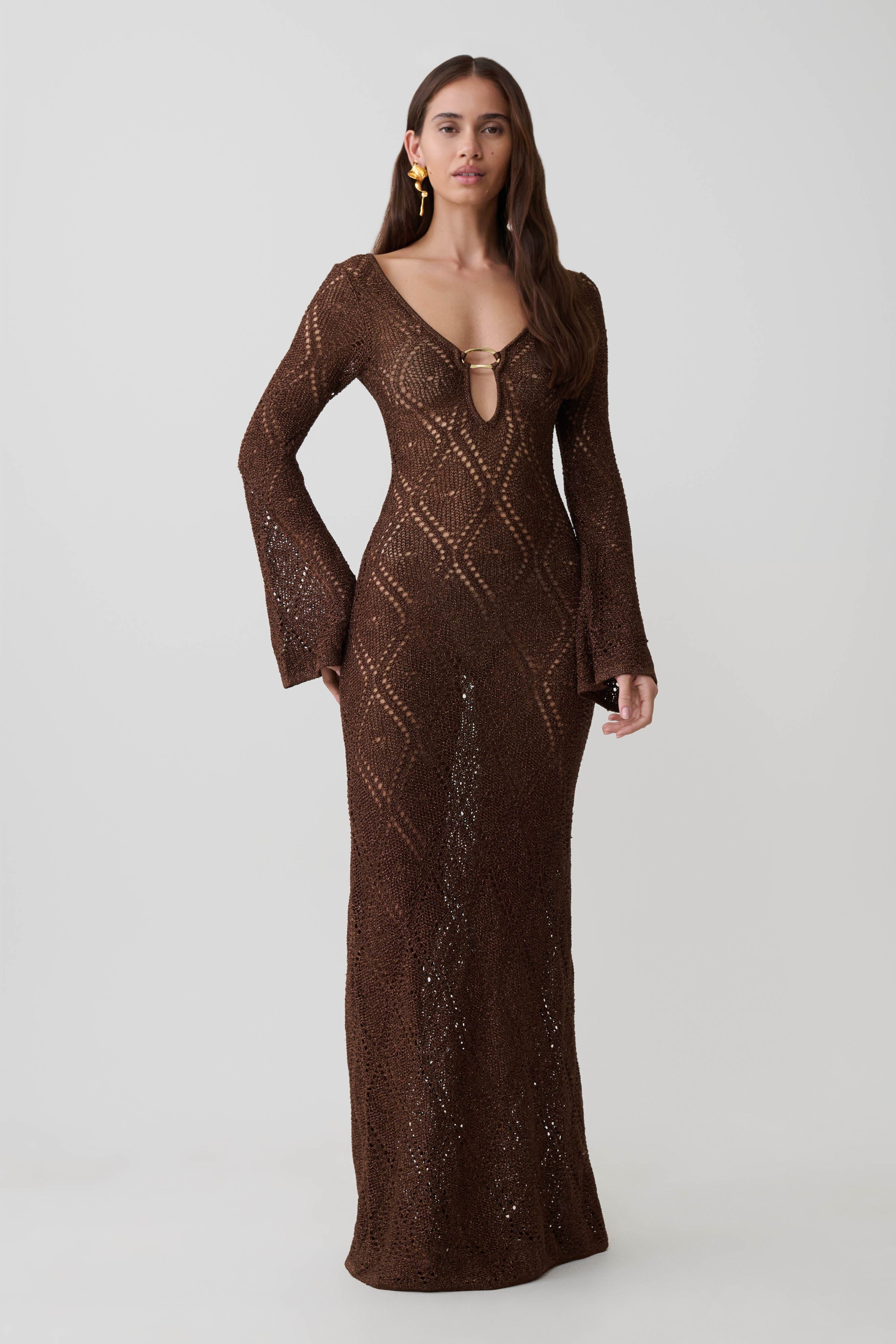 Chelsea Lurex Crochet Maxi Dress - Bronze - Image 7