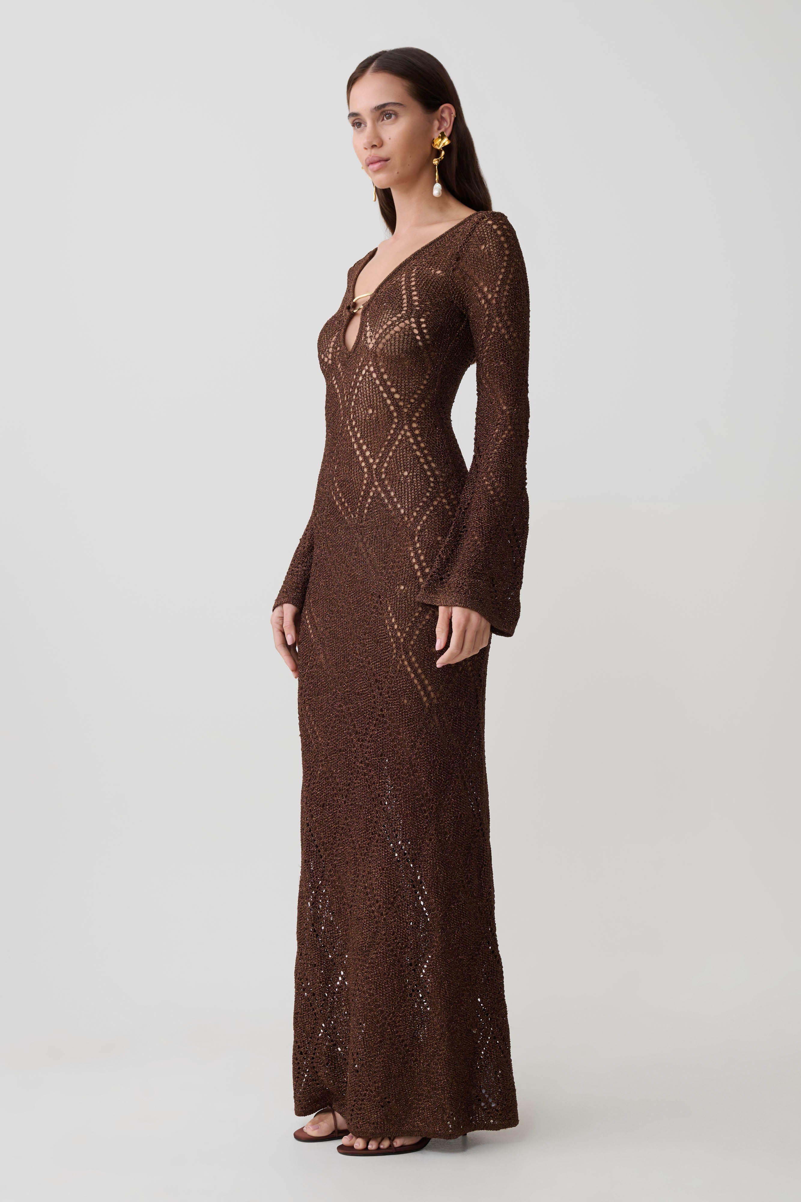 Chelsea Lurex Crochet Maxi Dress - Bronze - Image 6