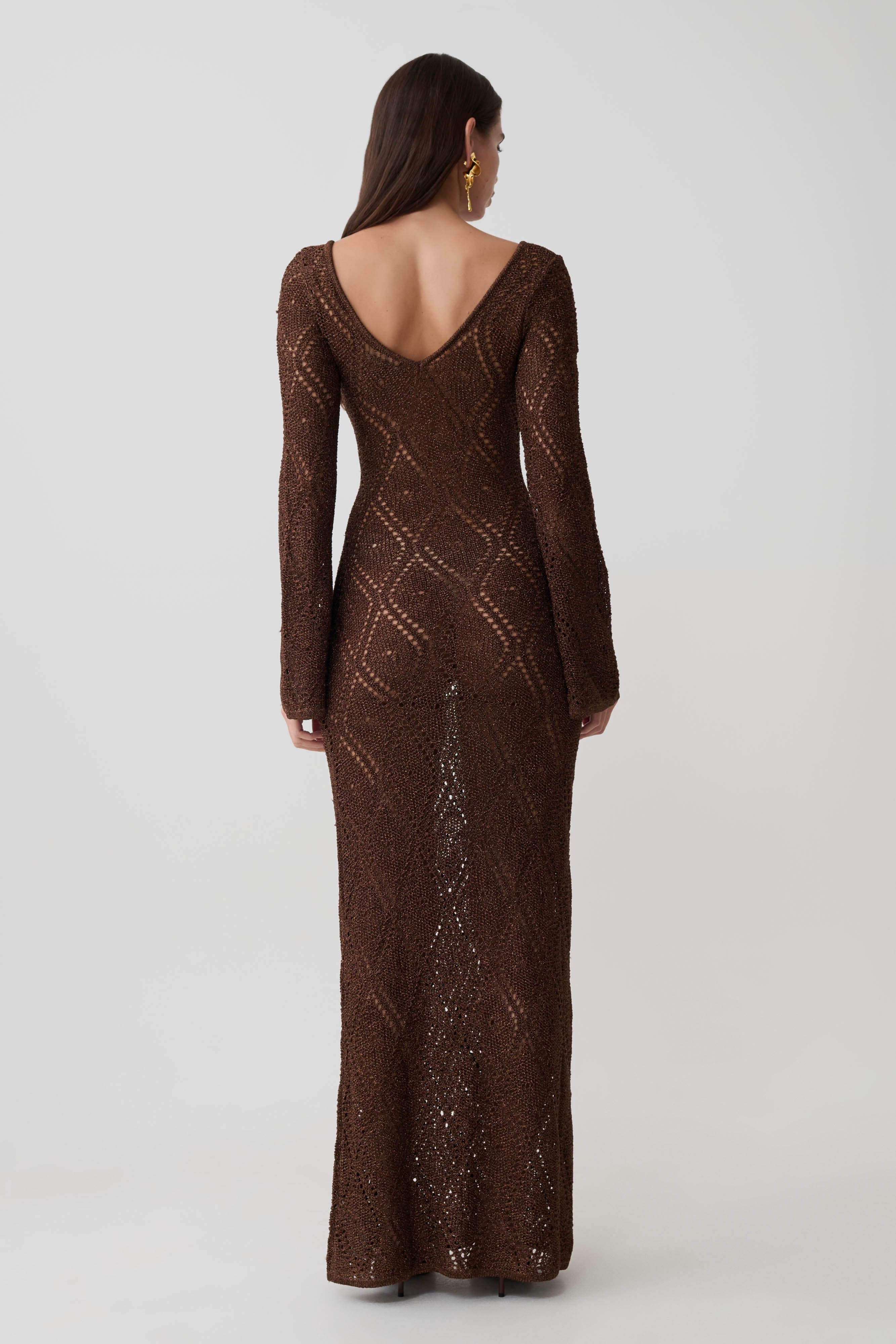 Chelsea Lurex Crochet Maxi Dress - Bronze - Image 5