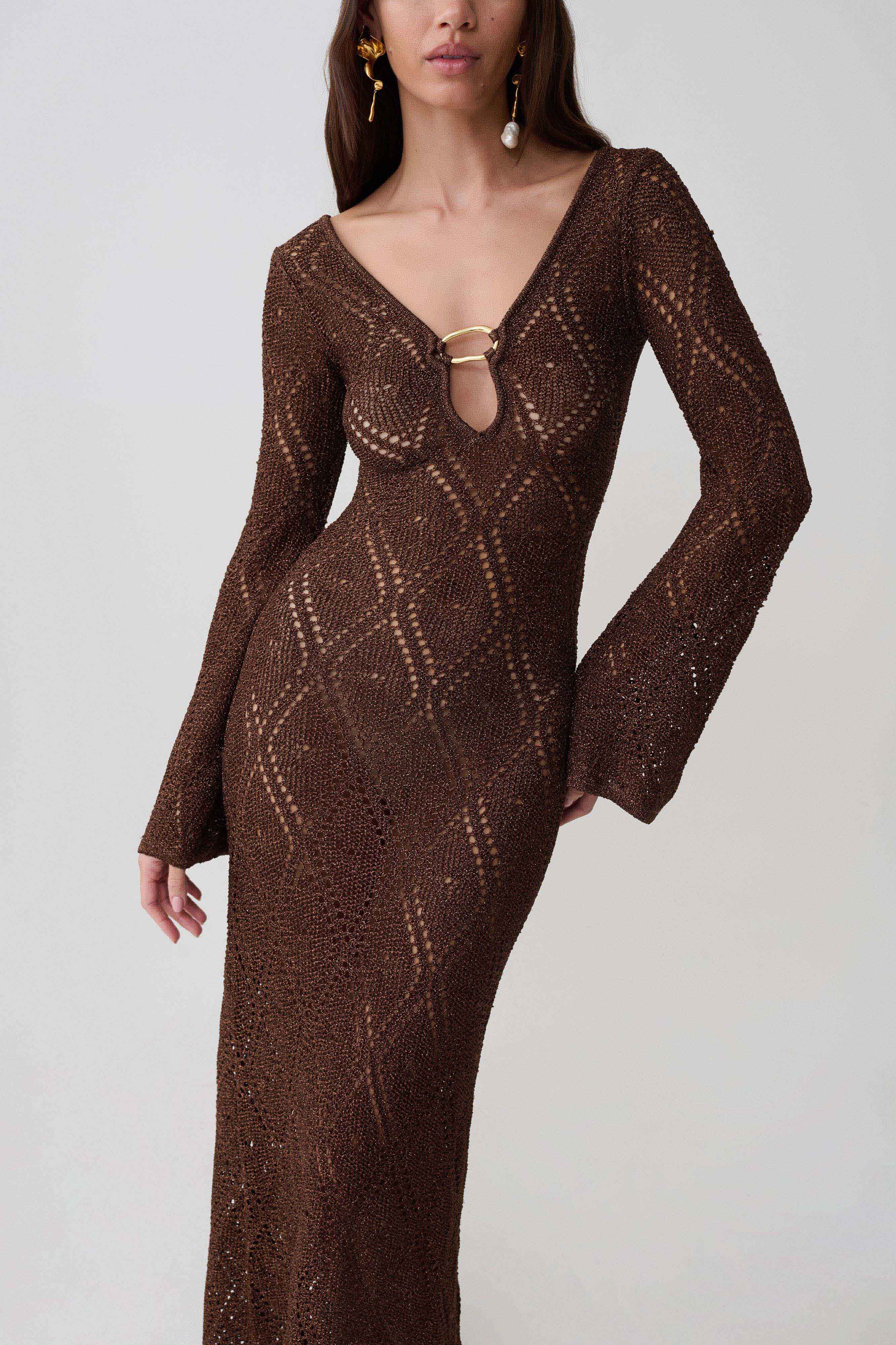 Chelsea Lurex Crochet Maxi Dress - Bronze - Image 3