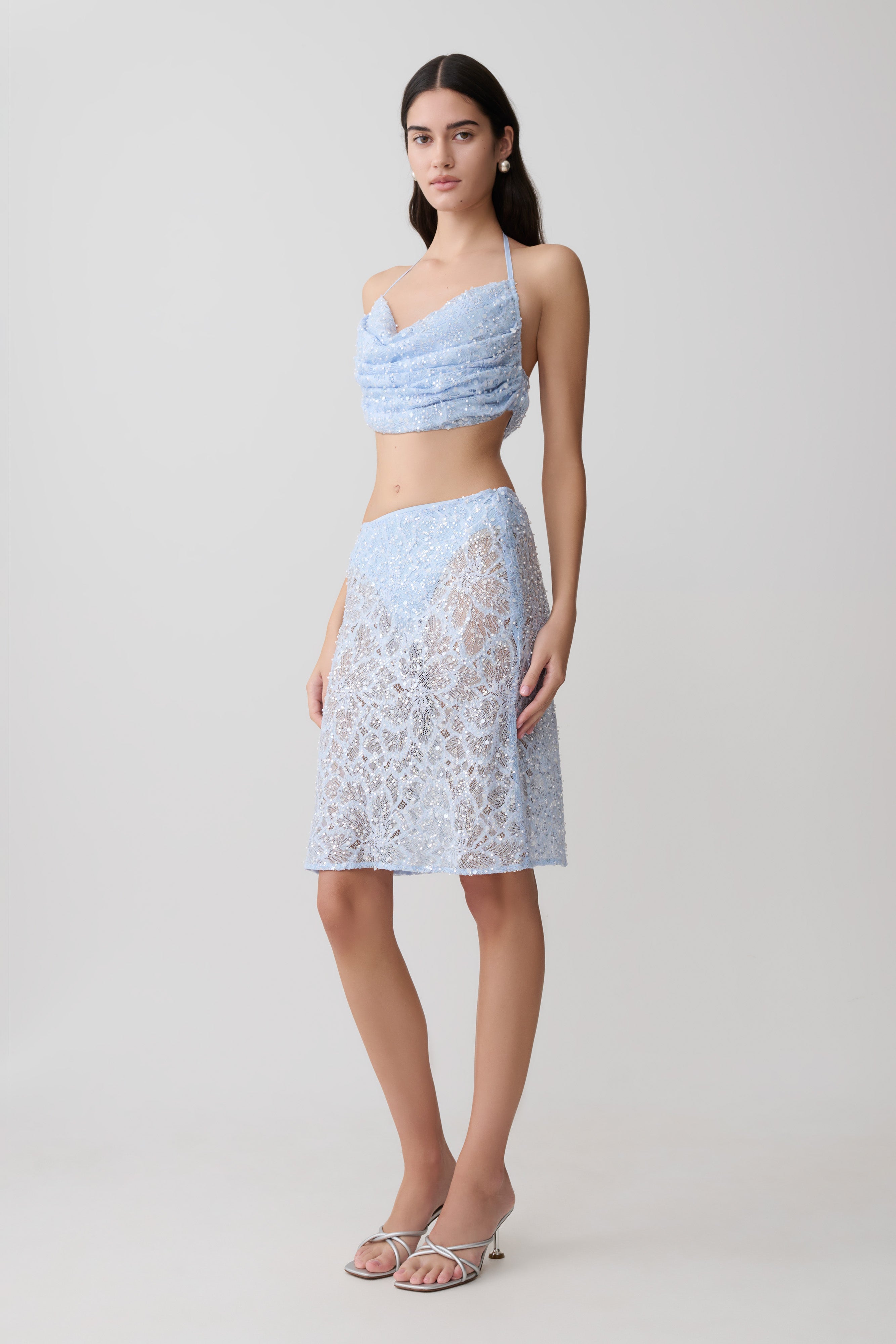 Kiara Pearl Beaded Cowl Crop Top - Powder Blue - Image 4