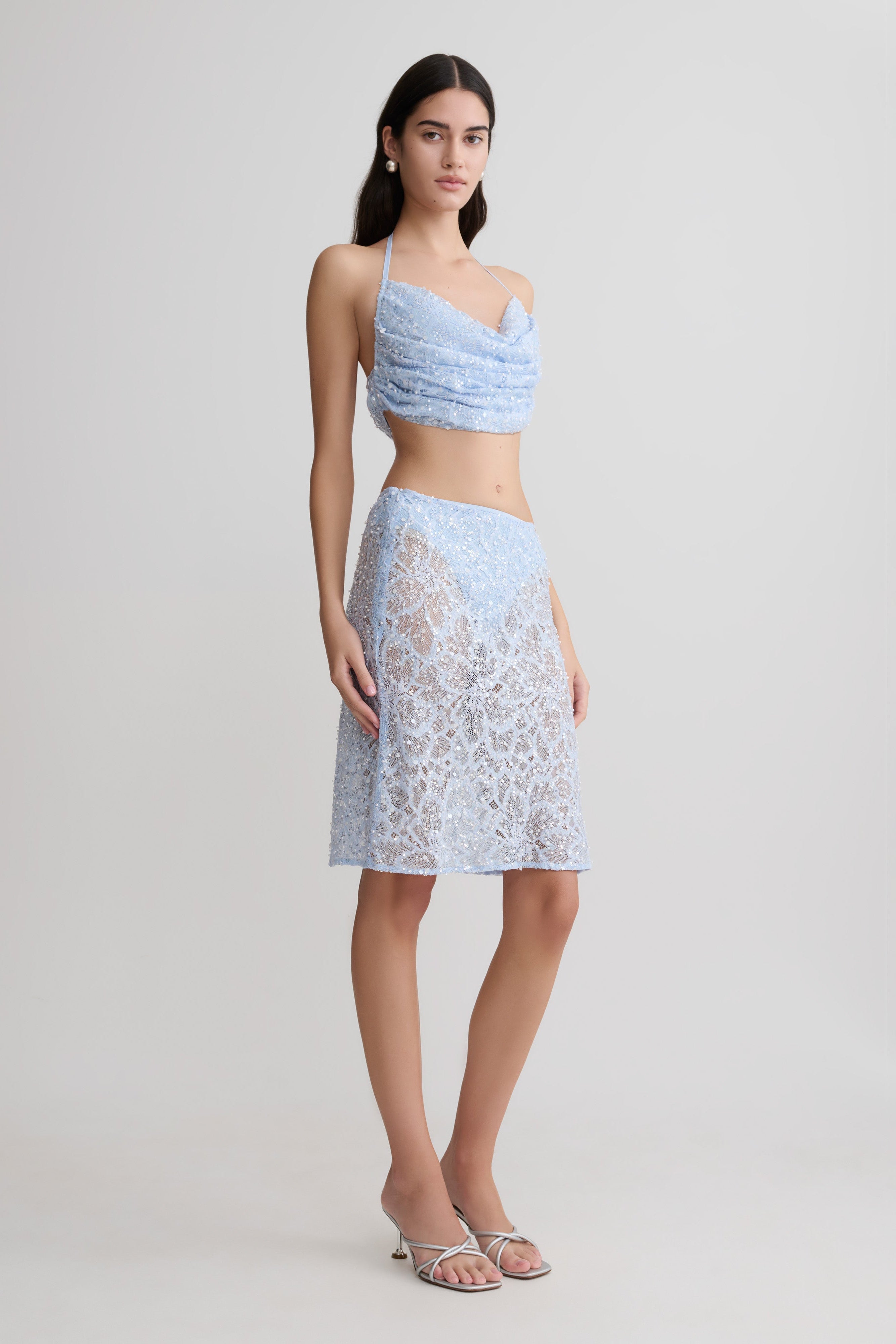 Kiara Pearl Beaded Midi Skirt - Powder Blue - Image 4
