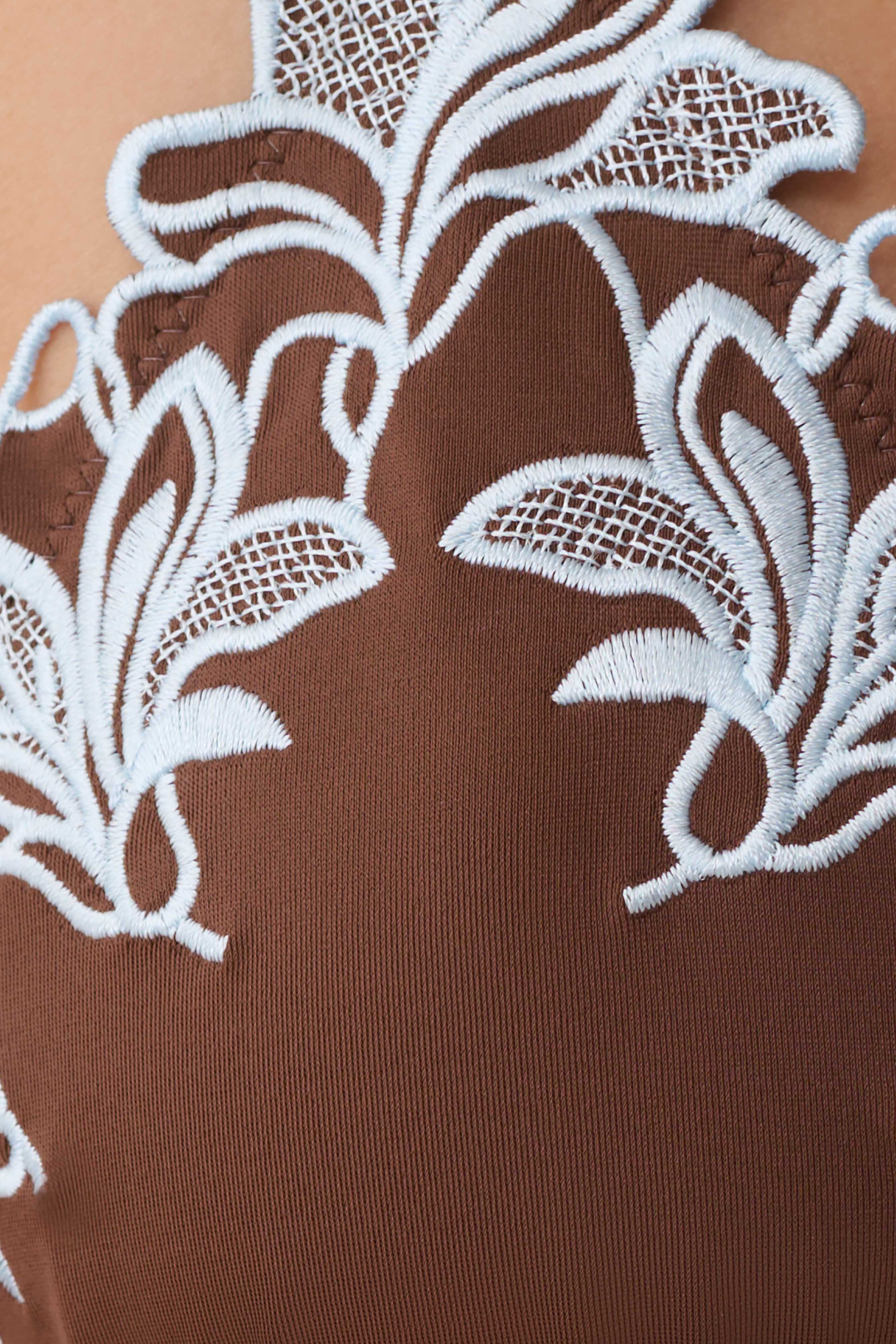 Bloom Embroidered Triangle Bikini Top - Chocolate With Pale Blue Embroidery - Image 11