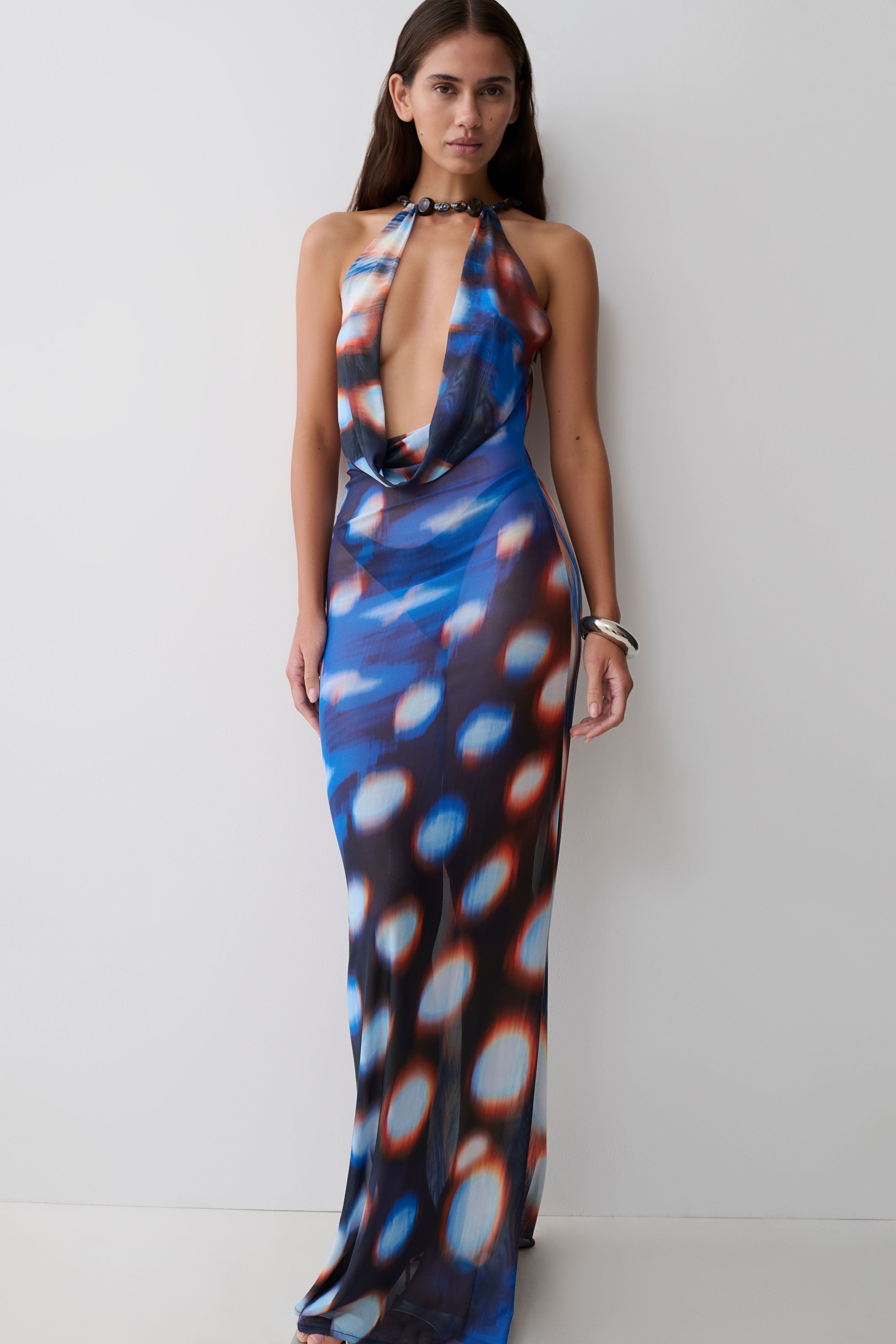 Ethel Mesh Cowl Plunge Maxi - Blue Abstract Print - Image 3