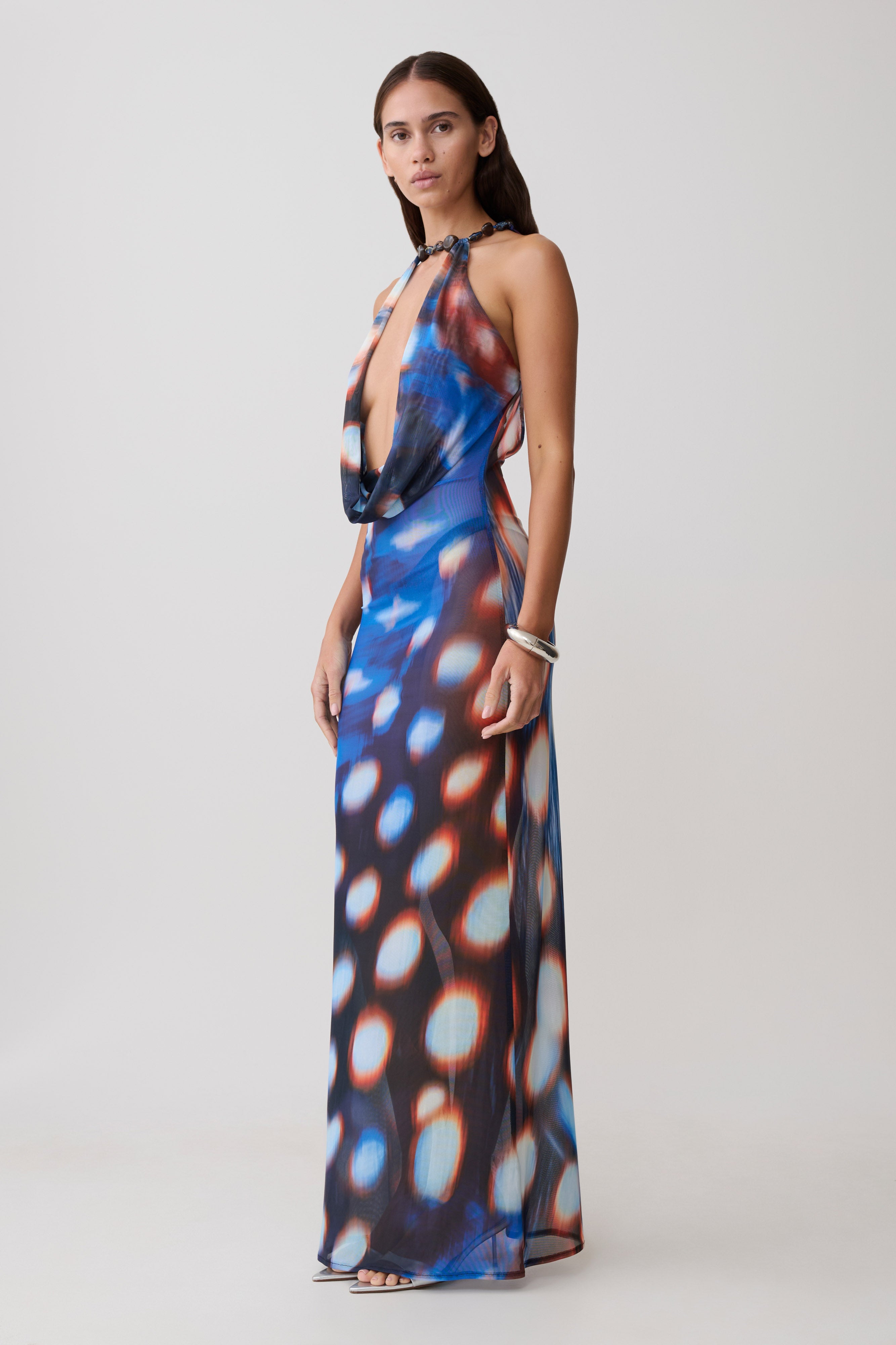 Ethel Mesh Cowl Plunge Maxi - Blue Abstract Print - Image 4