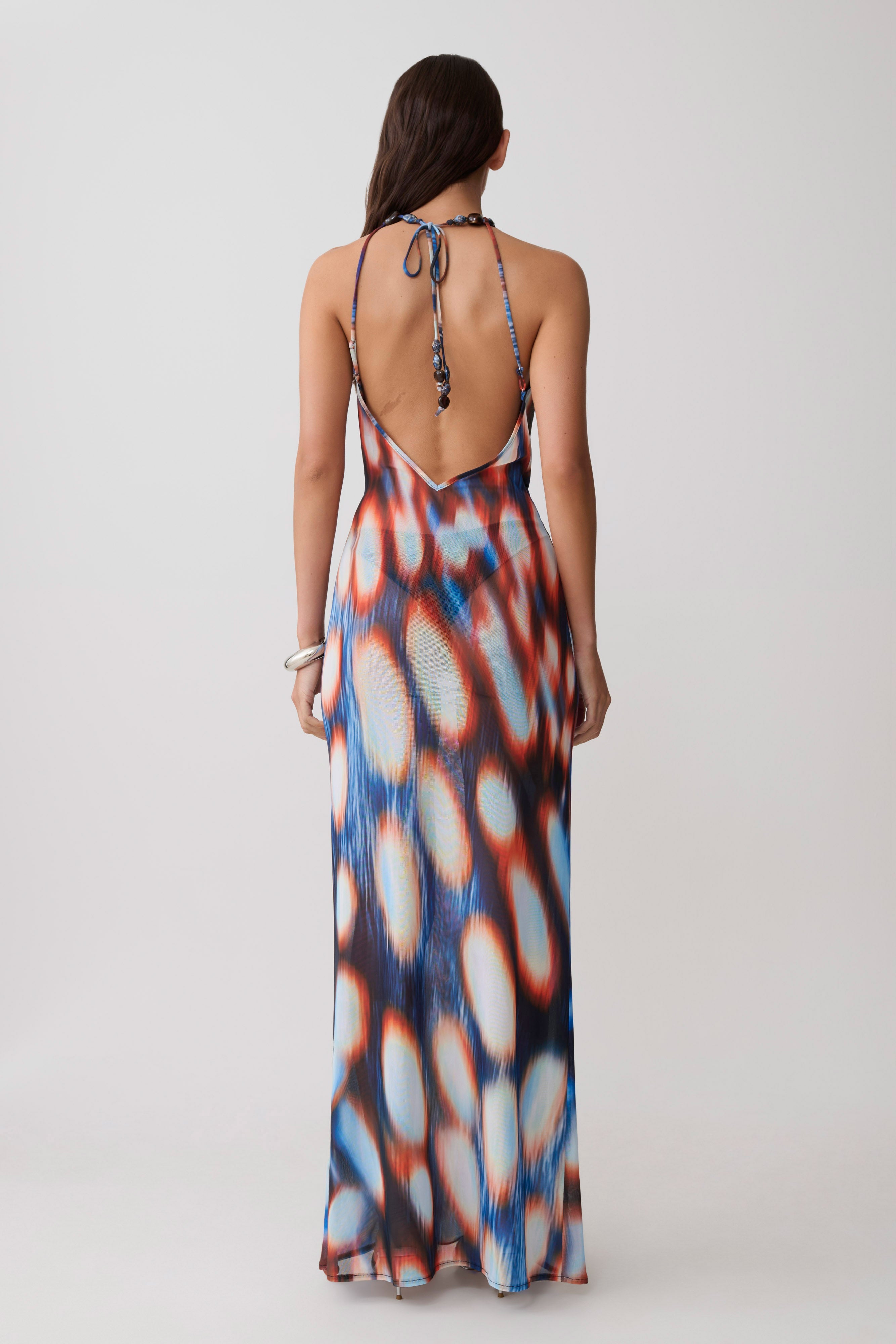 Ethel Mesh Cowl Plunge Maxi - Blue Abstract Print - Image 2