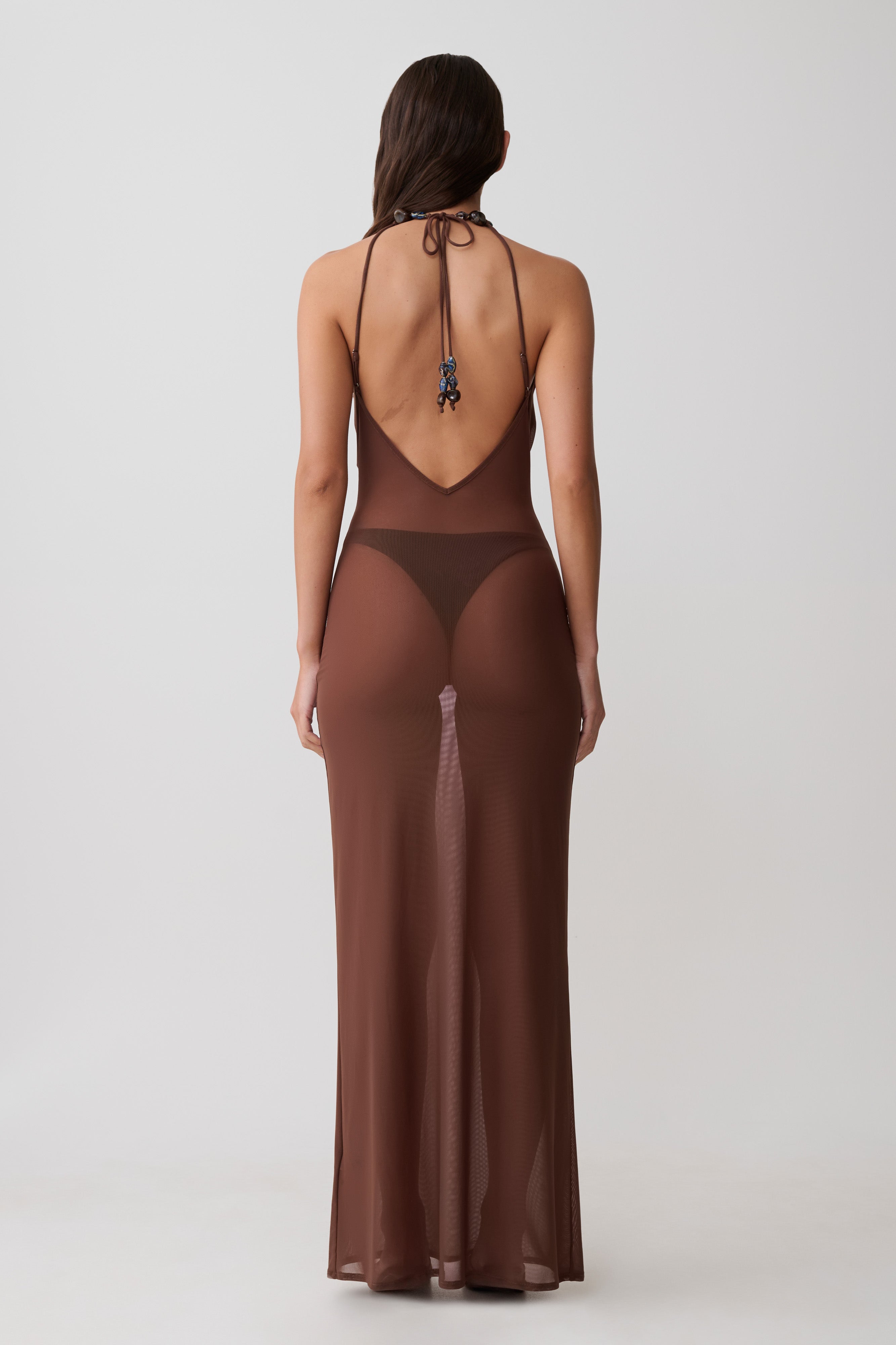 Alternative view of Ethal Mesh Cowl Neck Beaded Maxi Dress - Chocolate