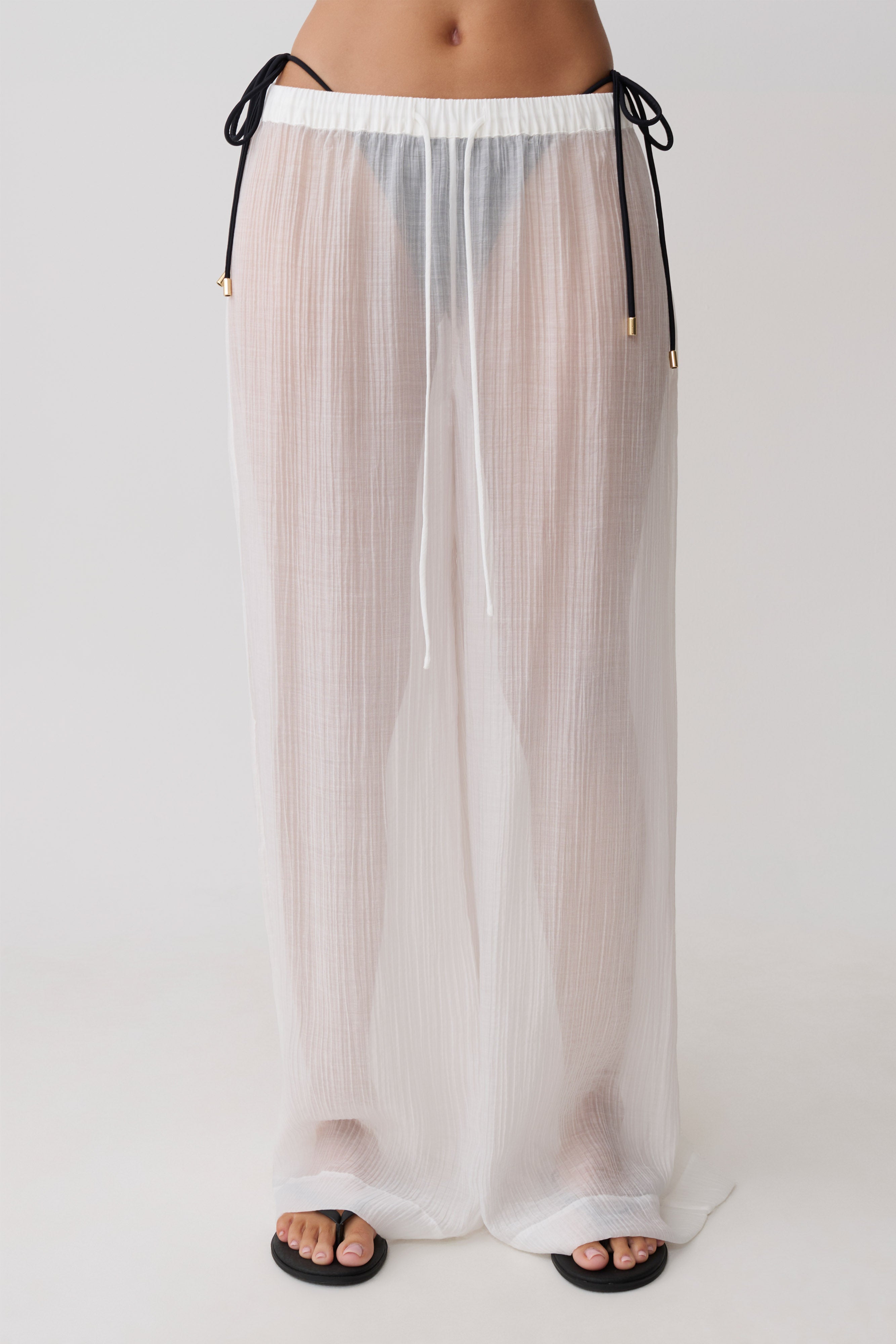 Leilani Sheer Drawstring Wide Leg Pants - Ivory - Image 6