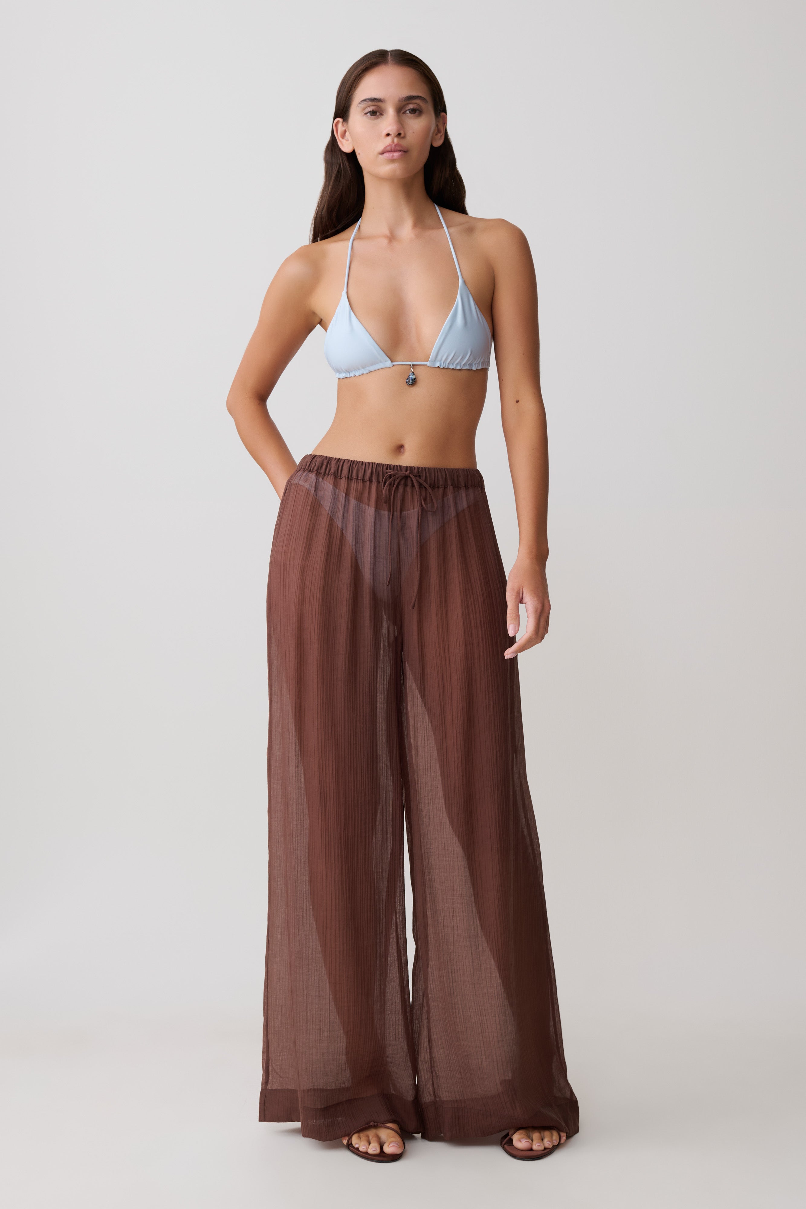 Leilani Sheer Drawstring Wide Leg Pants - Chocolate - Image 4