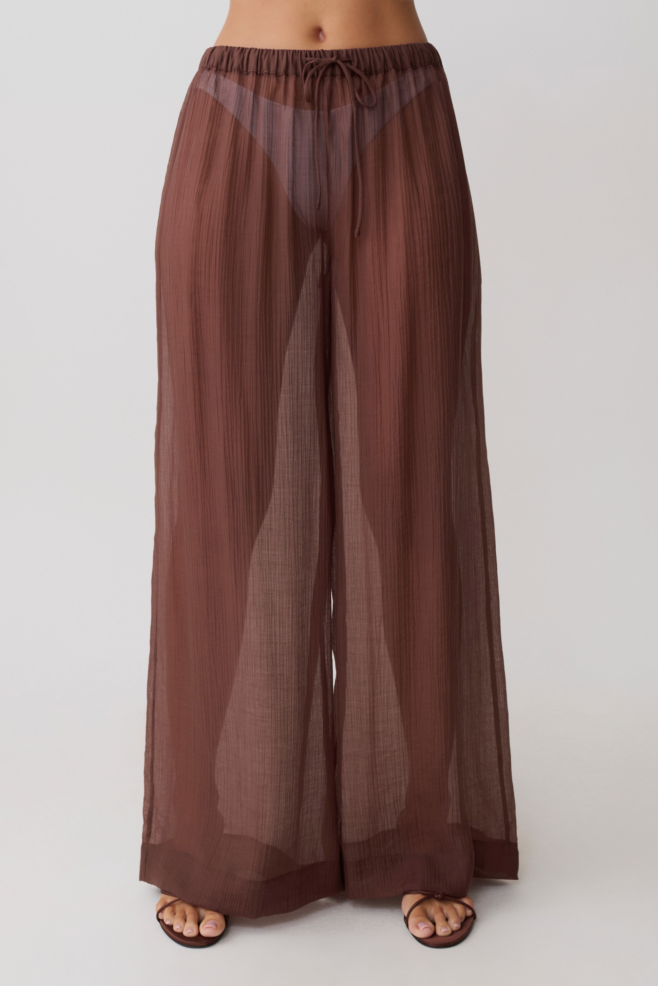 Leilani Sheer Drawstring Wide Leg Pants - Chocolate - Image 9