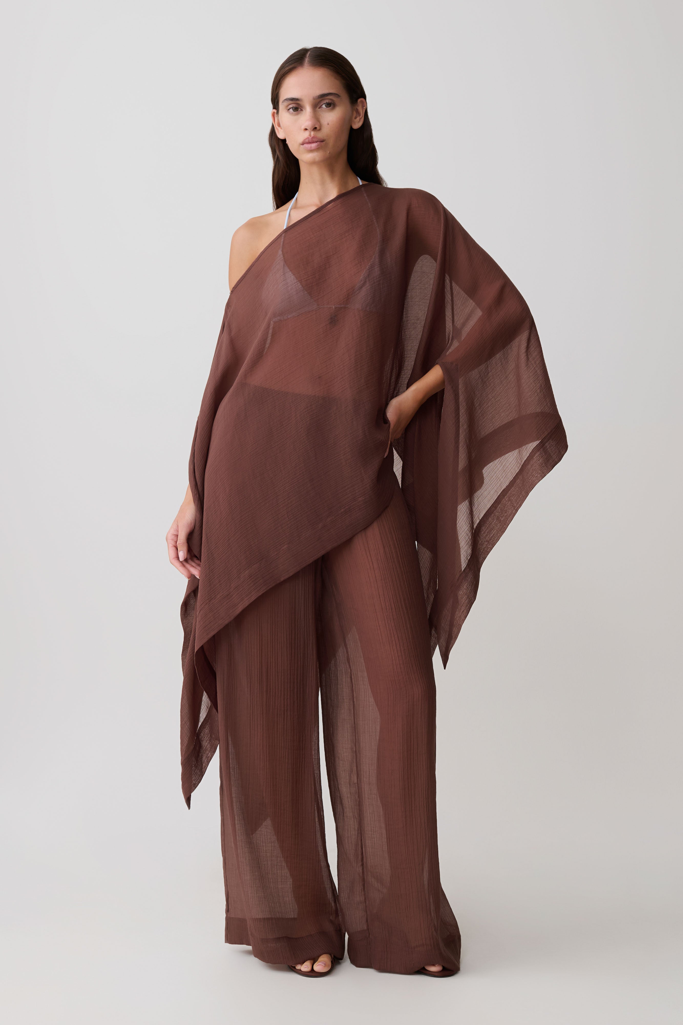 Leilani Sheer Draped Asymmetric Top - Chocolate - Image 5