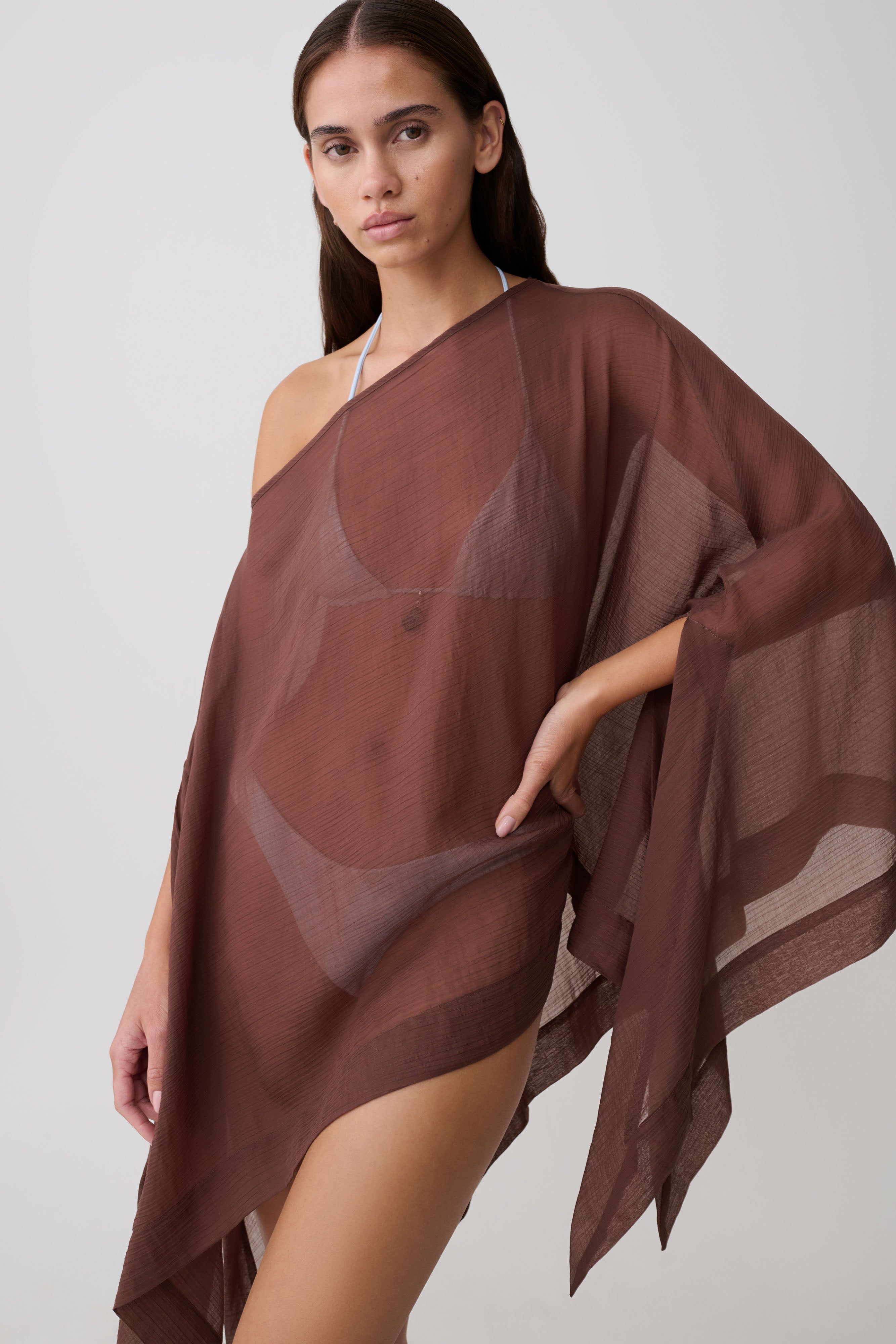 Leilani Sheer Draped Asymmetric Top - Chocolate - Image 3